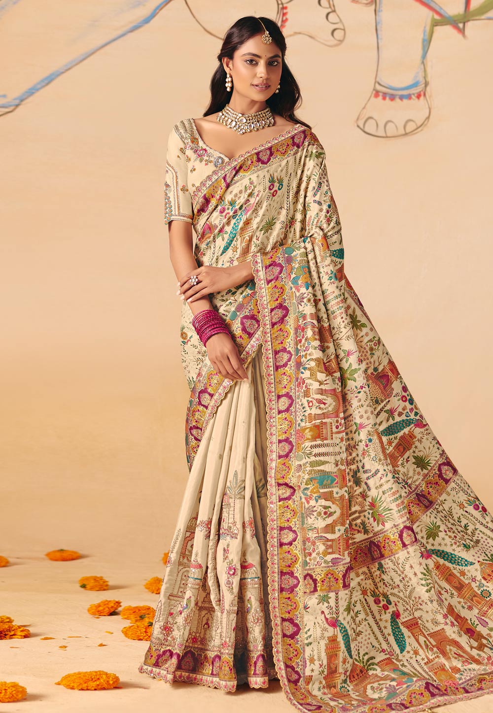 Cream Silk Saree With Blouse 324656