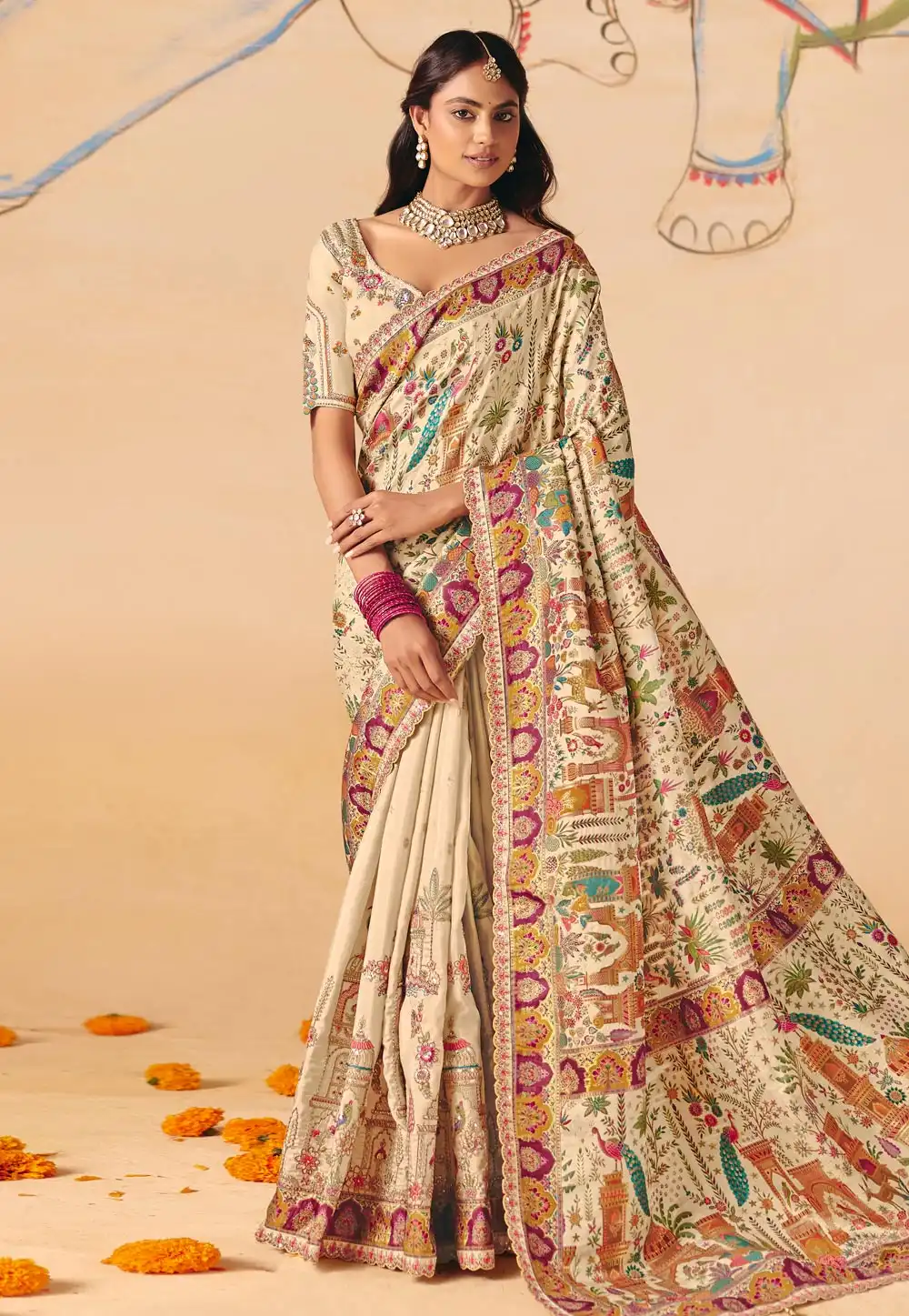 Cream Silk Saree With Blouse 324656