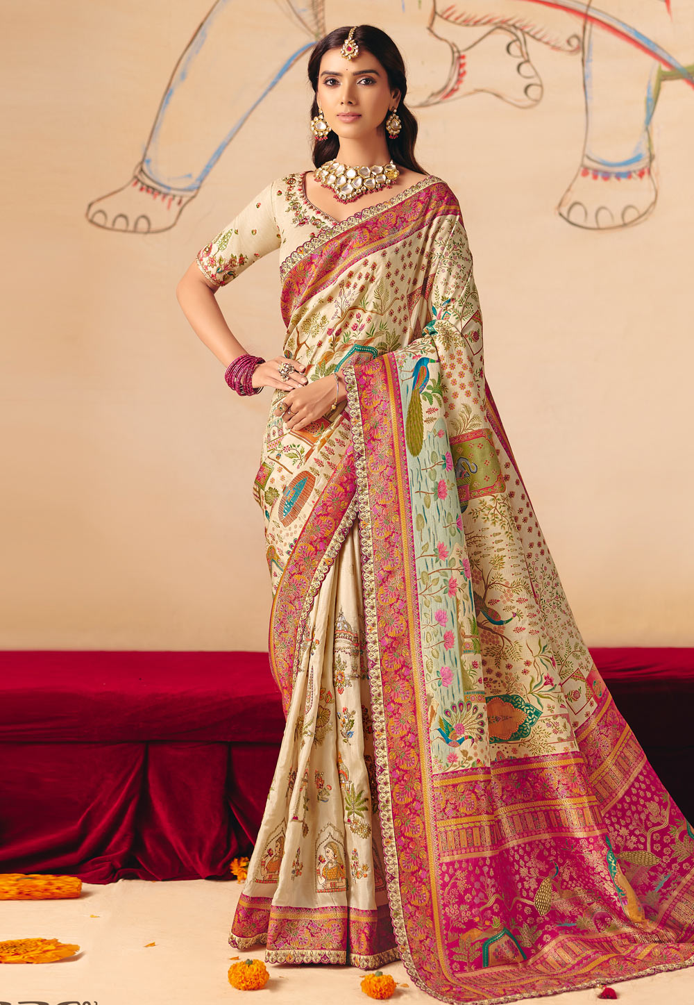 Cream Silk Saree With Blouse 324659