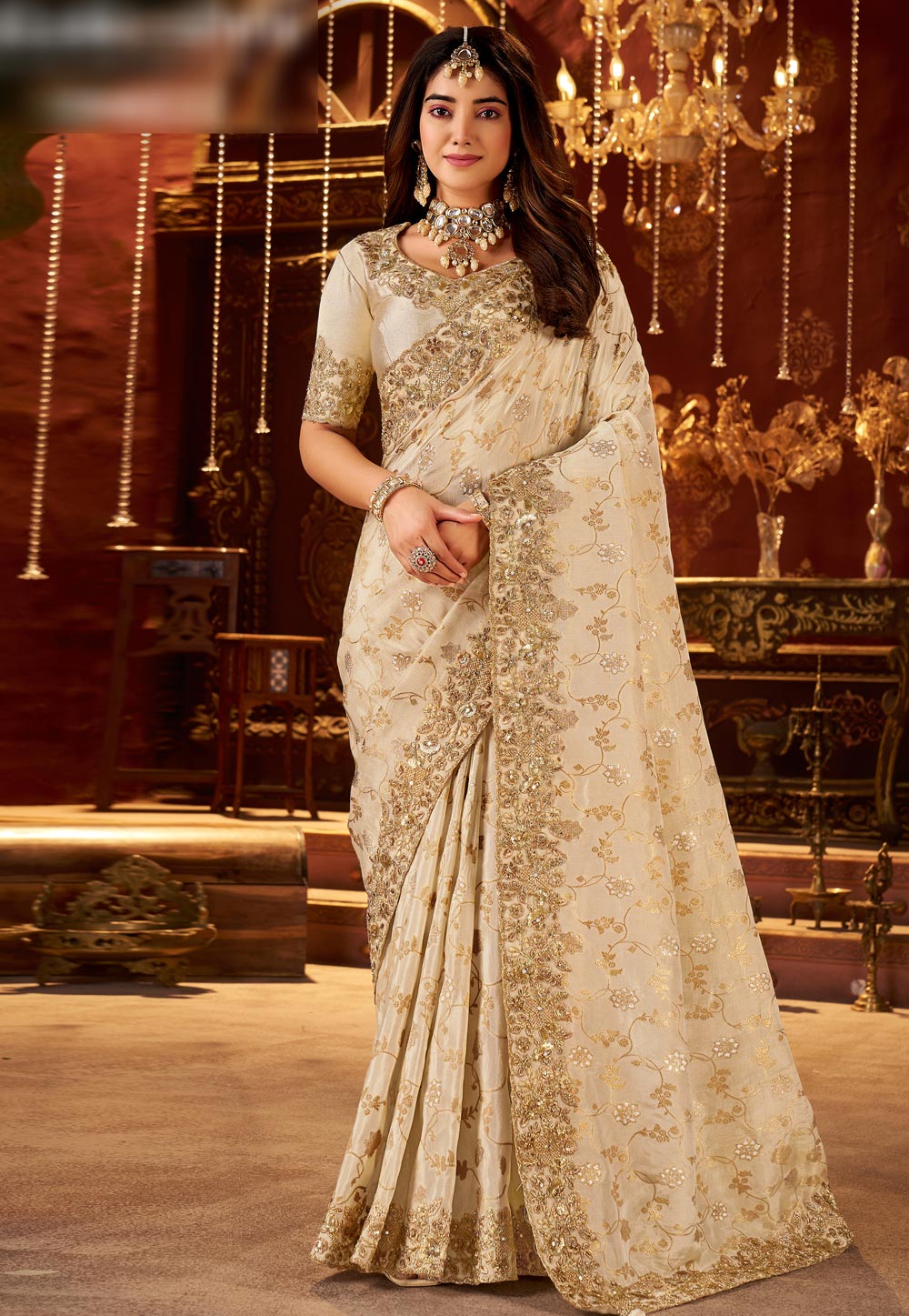 Cream Silk Saree With Blouse 321695
