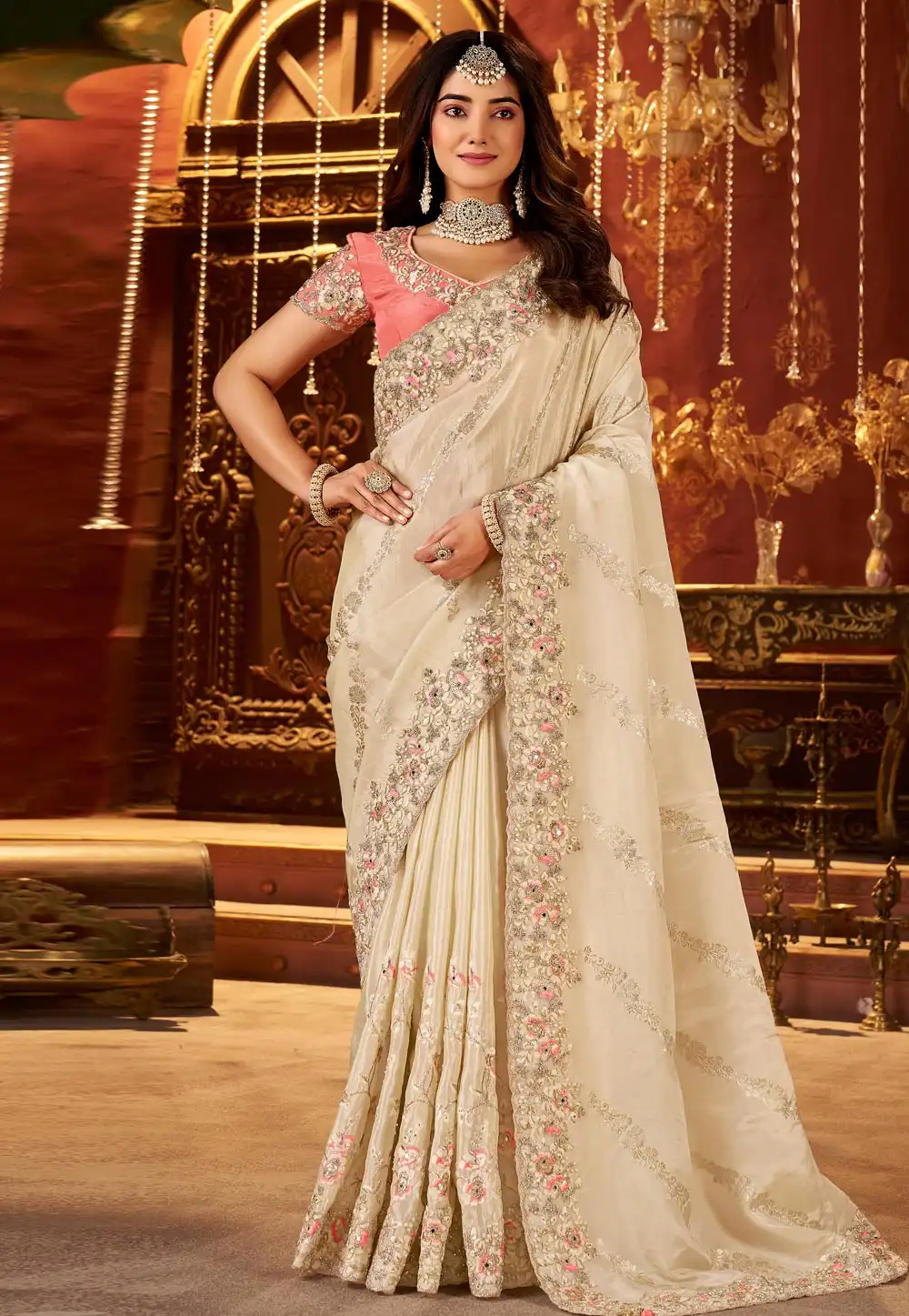 Cream Silk Saree With Blouse 321698