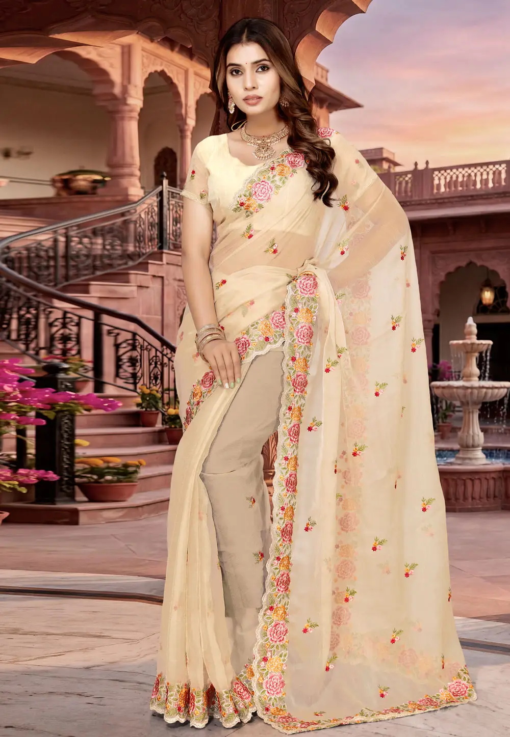 Cream Silk Saree With Blouse 335578