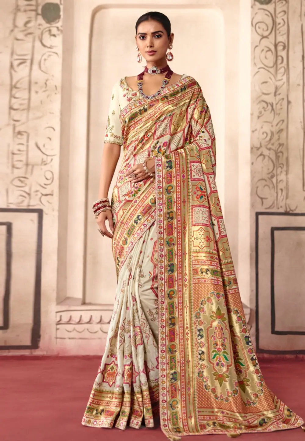 Cream Silk Saree With Blouse 336447