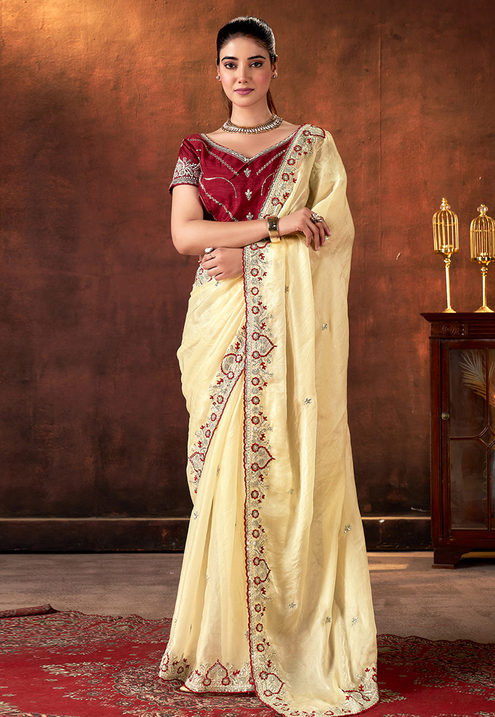 Cream Silk Saree With Blouse 320732