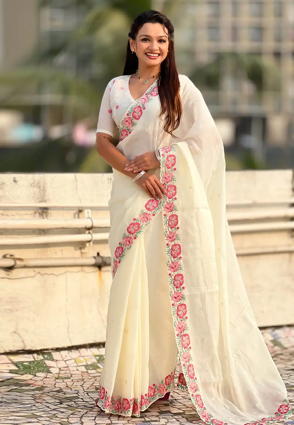 Cream Silk Saree With Blouse 323540