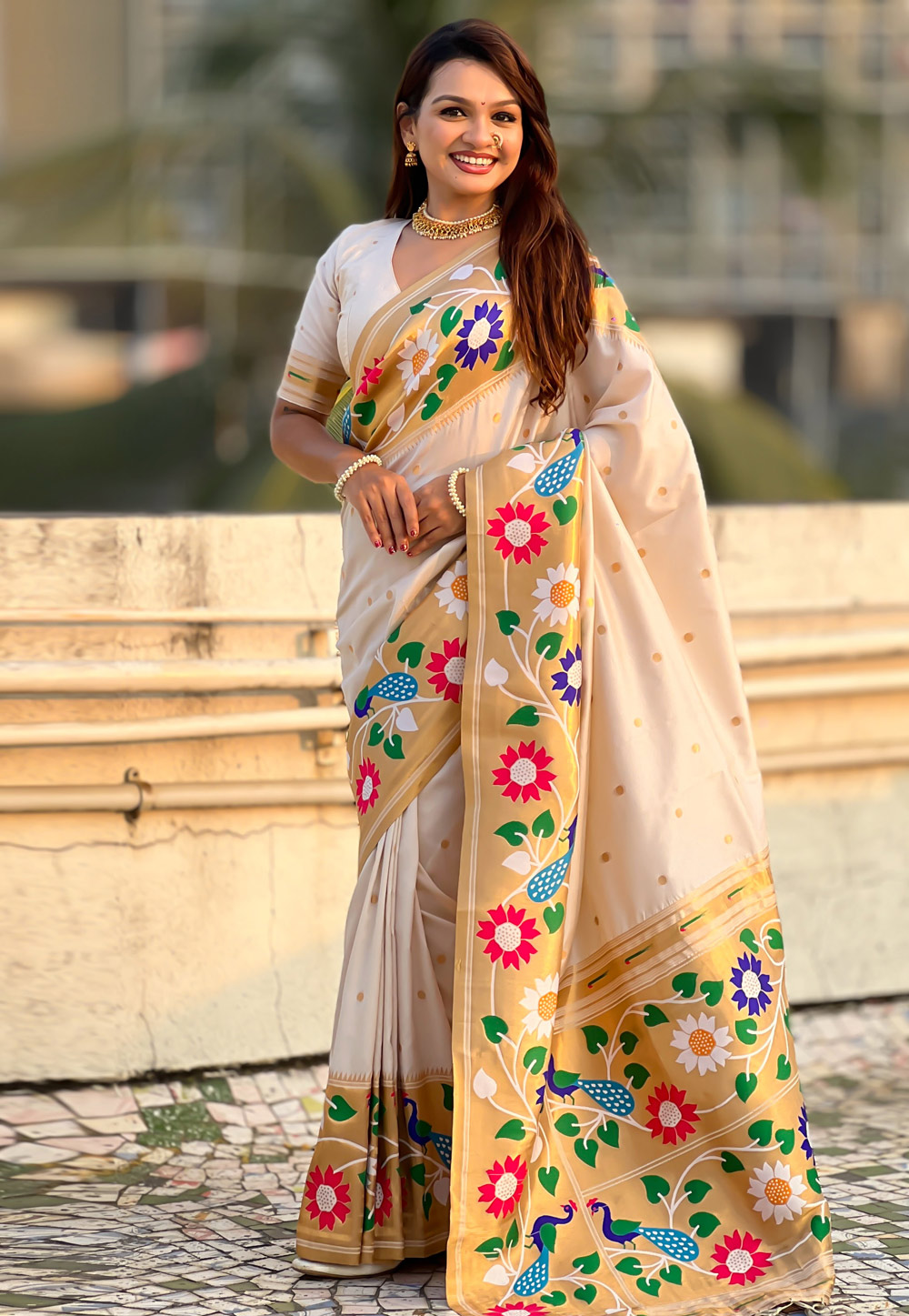 Cream Silk Saree With Blouse 323579