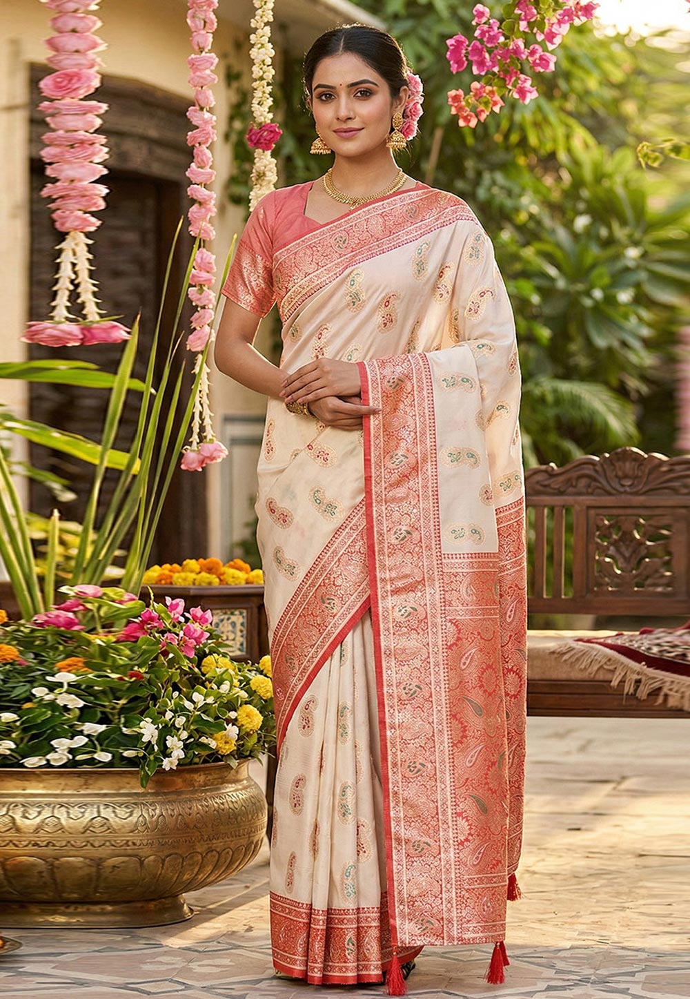 Cream Silk Saree With Blouse 326180