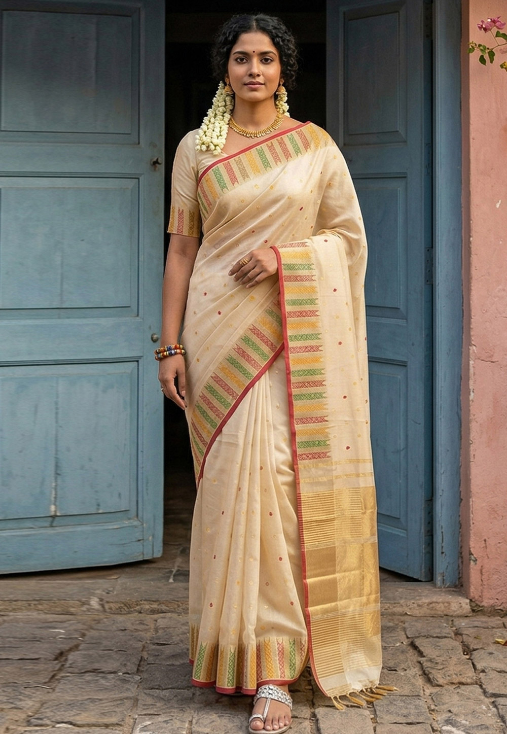 Cream Silk Saree With Blouse 327147