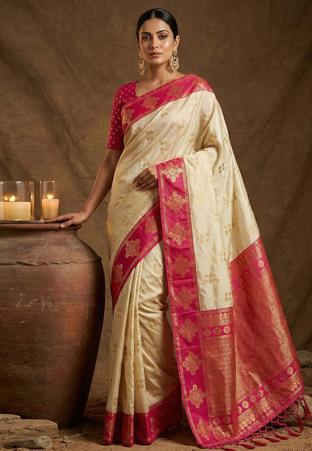 Cream Silk Saree With Blouse 328746