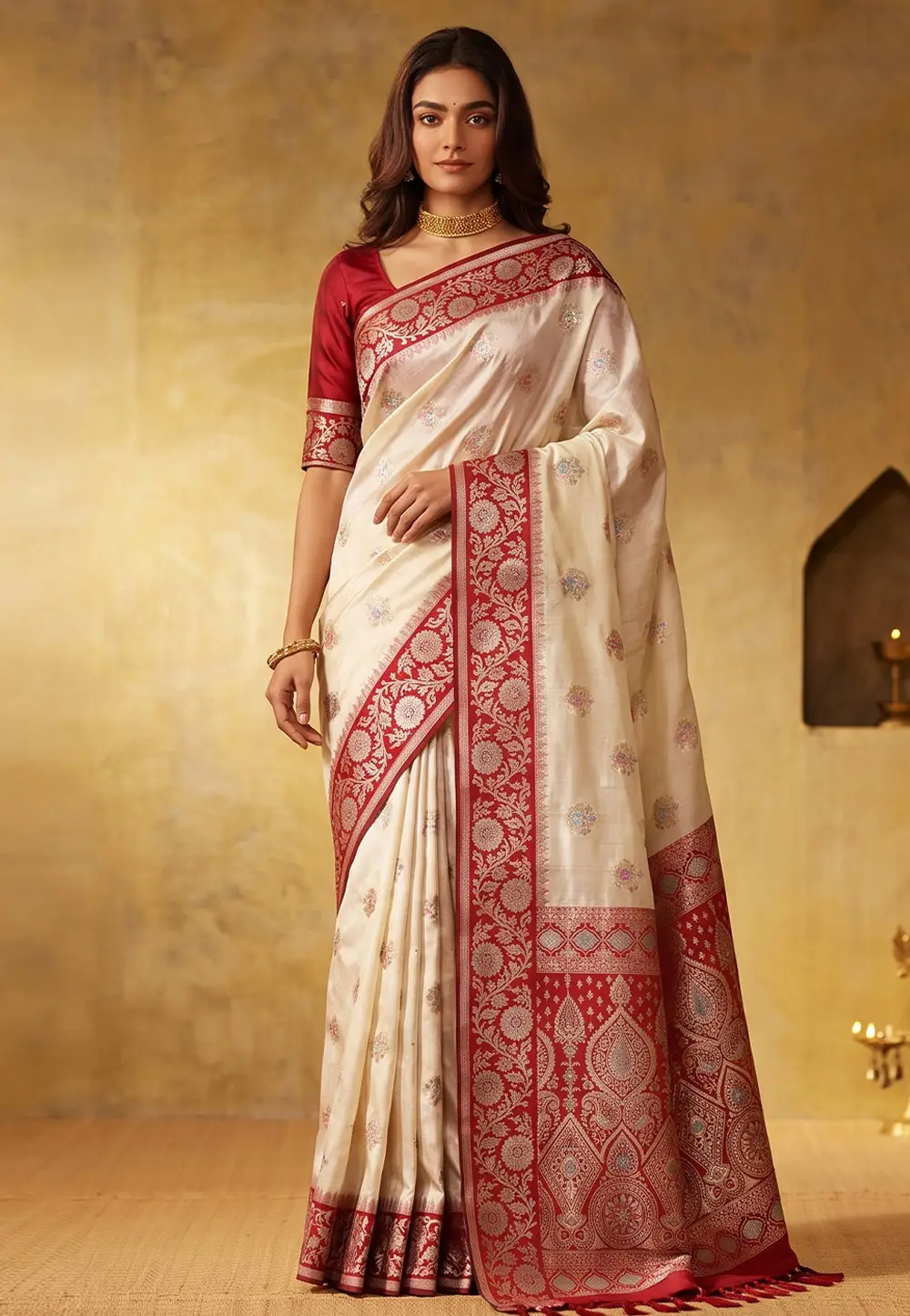 Cream Silk Saree With Blouse 334781