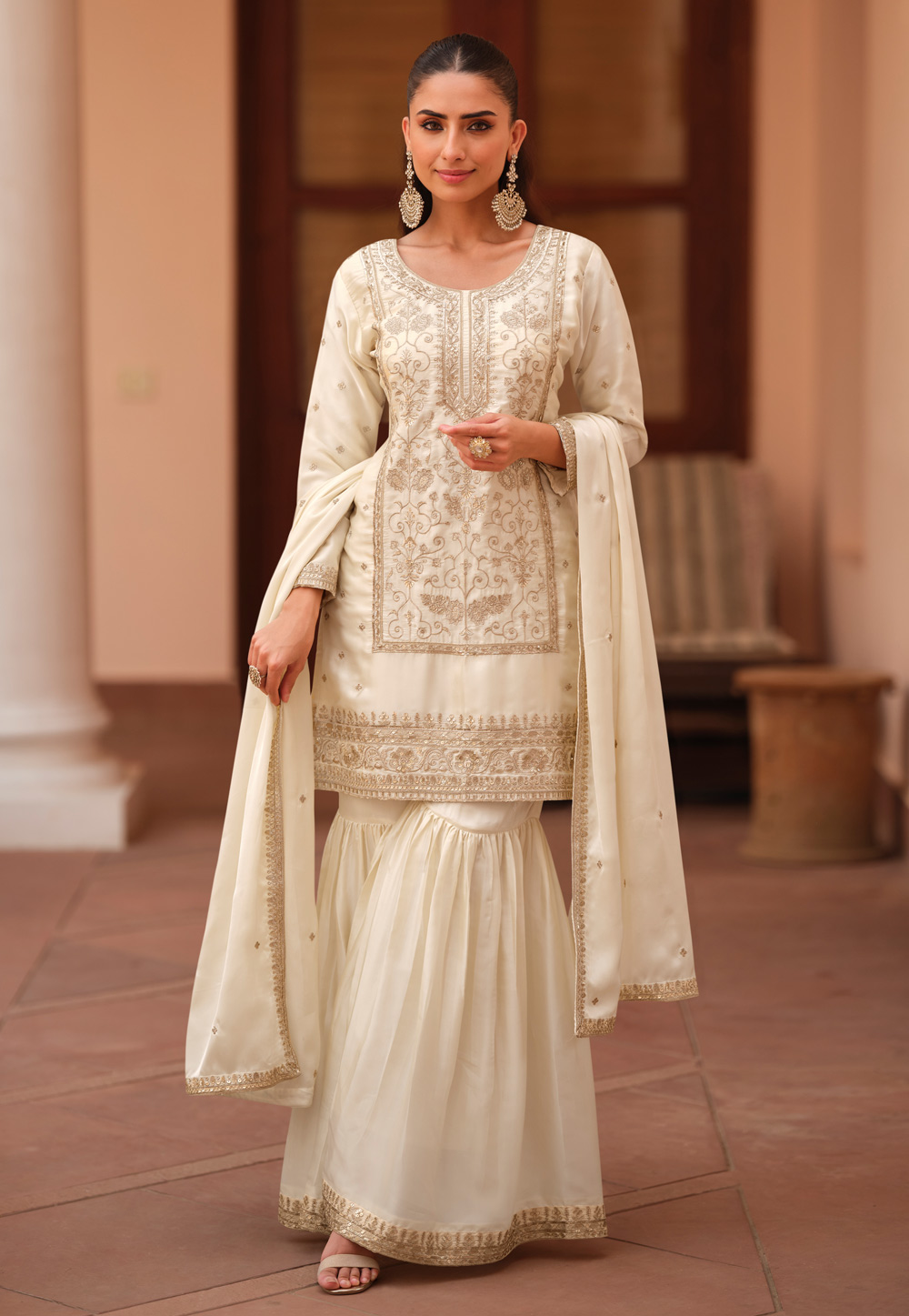 Cream Silk Satin Sharara Suit 319179