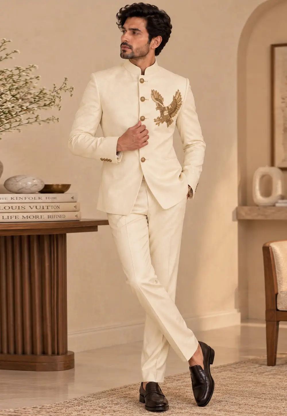 Cream Suiting Bandhgala Suit 336401