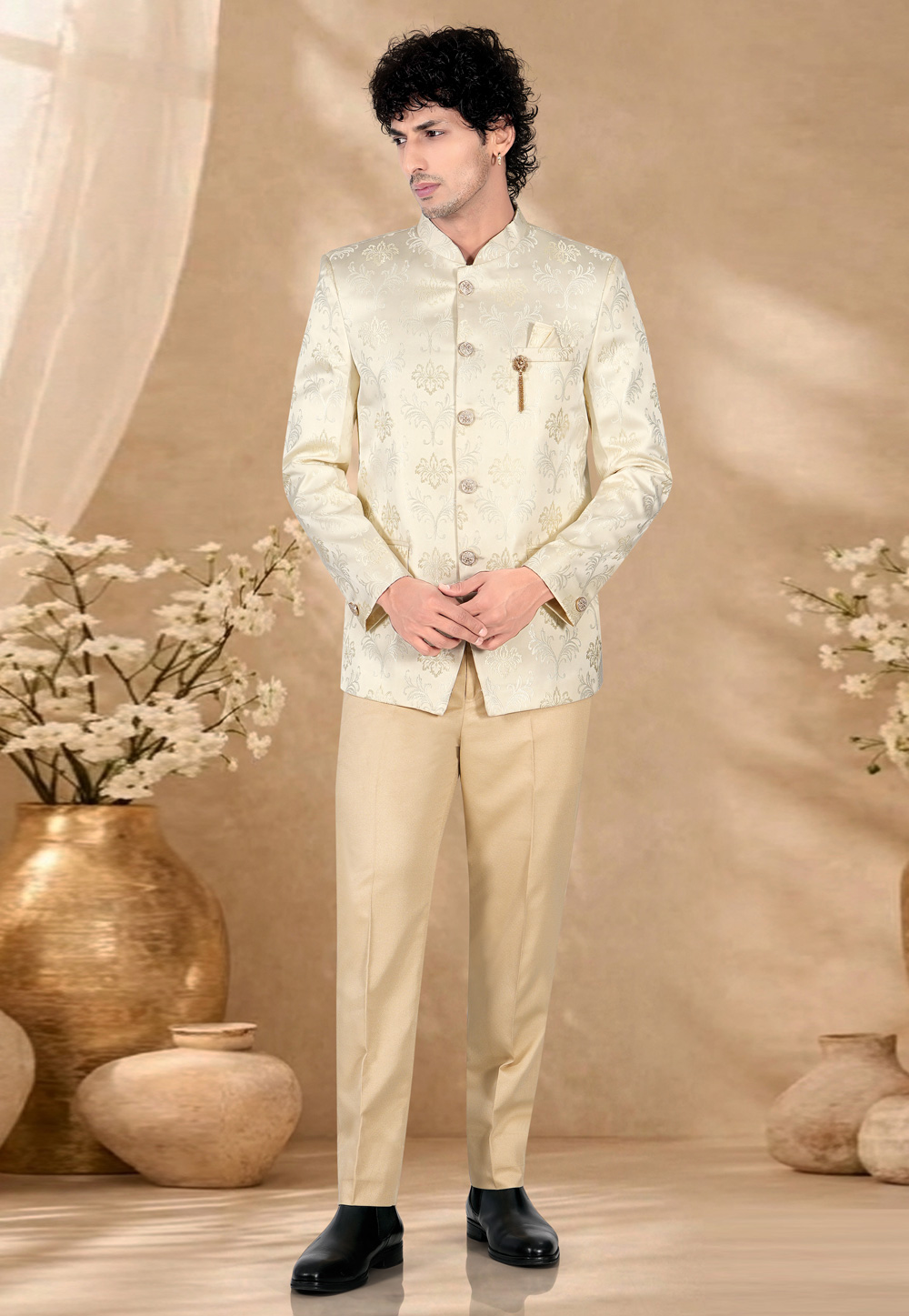 Cream Suiting Jodhpuri Suit 328449