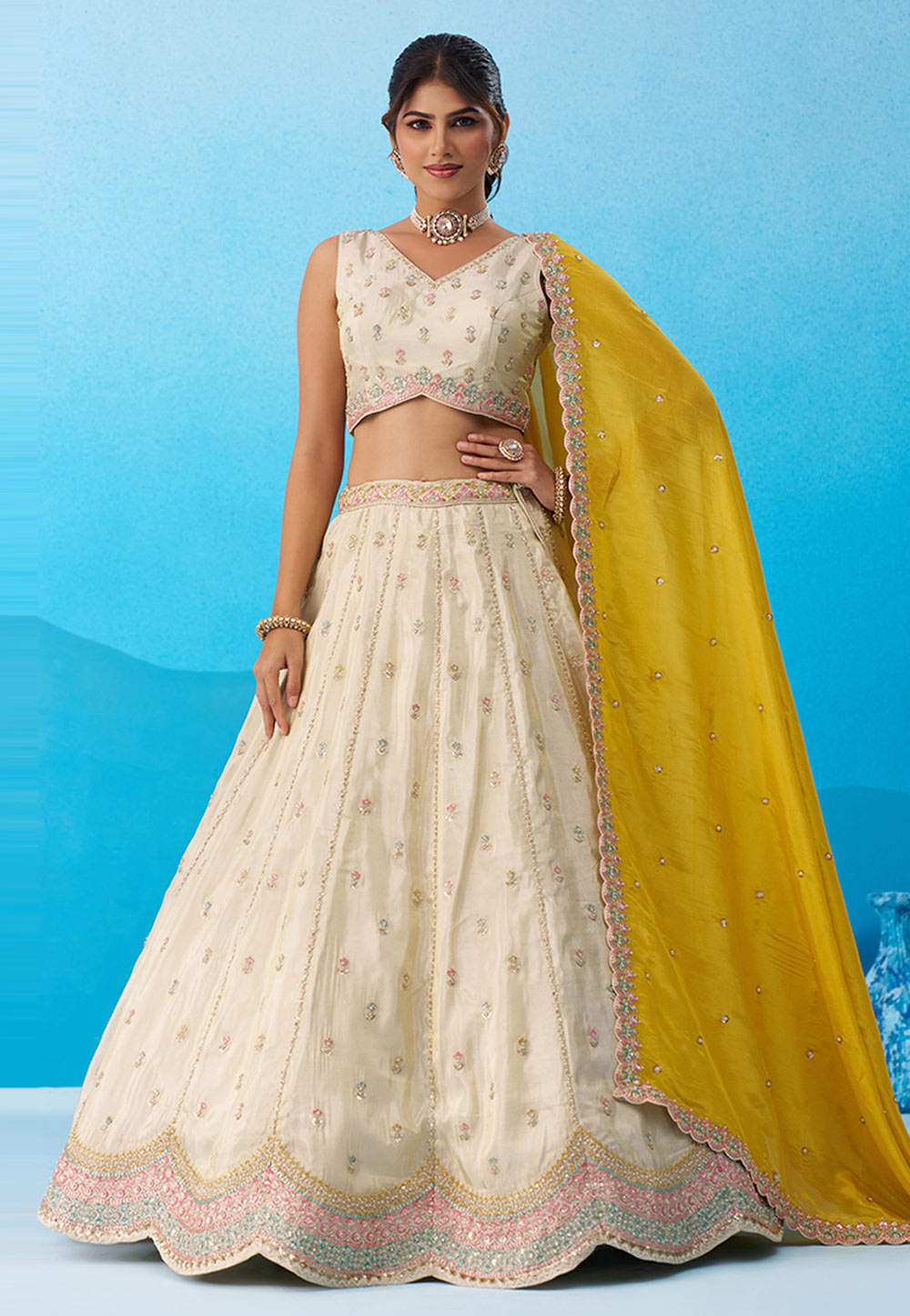 Cream Tissue Circular Lehenga Choli 326141