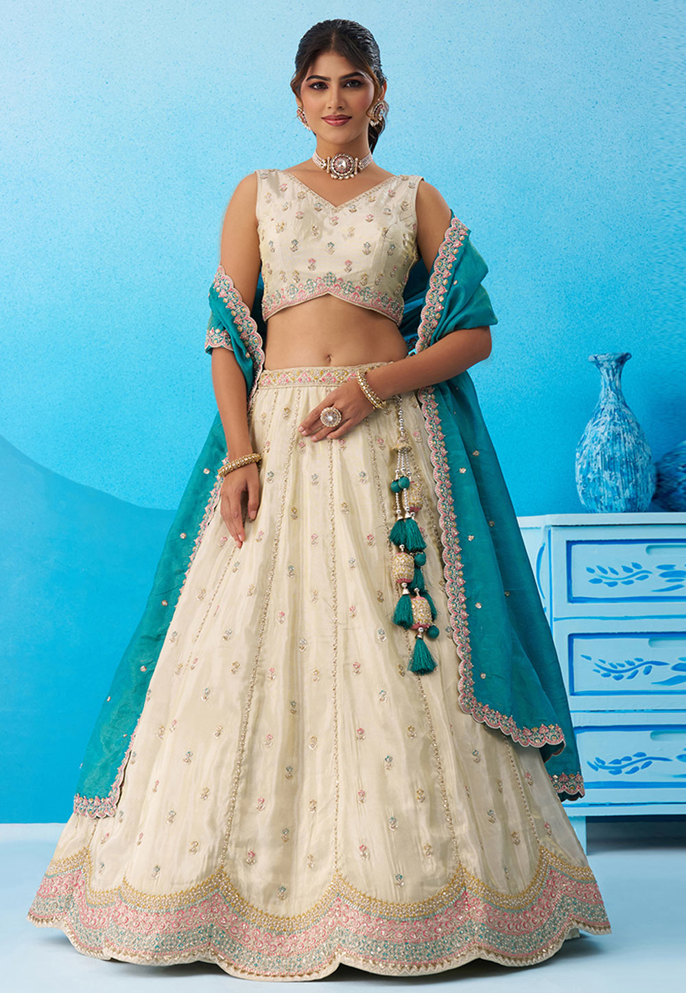 Cream Tissue Circular Lehenga Choli 326143