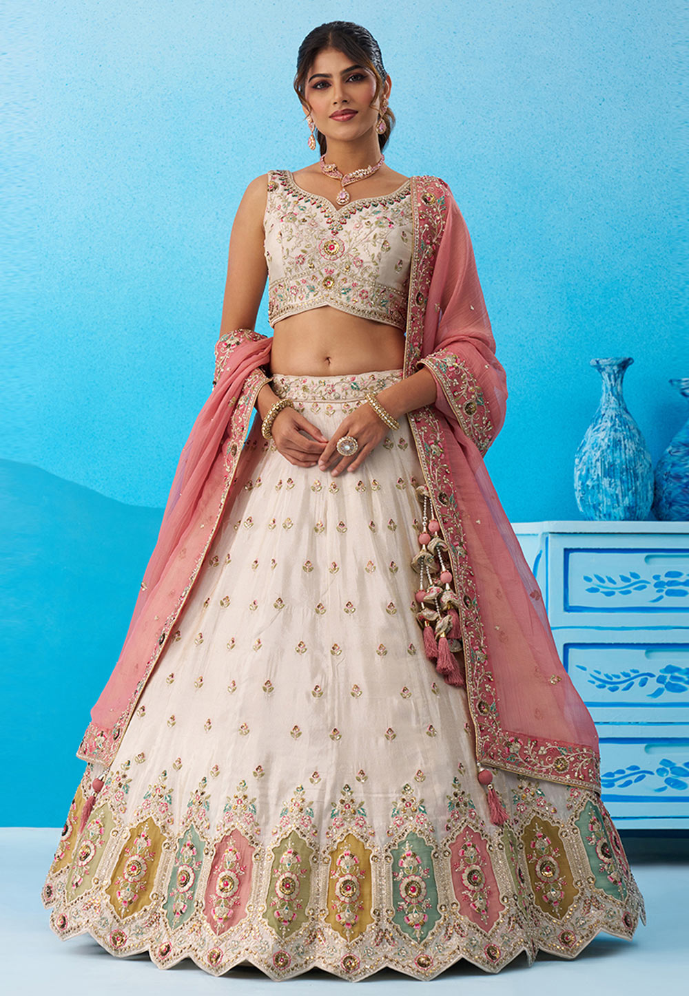 Cream Tissue Circular Lehenga Choli 326145