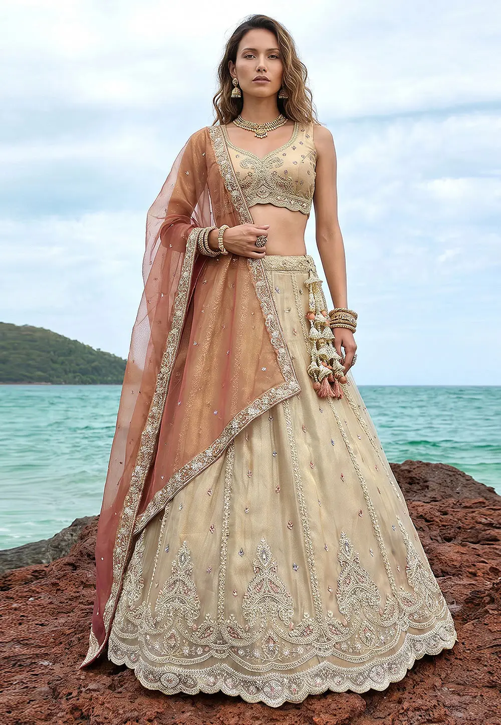Cream Tissue Lehenga Choli 332968