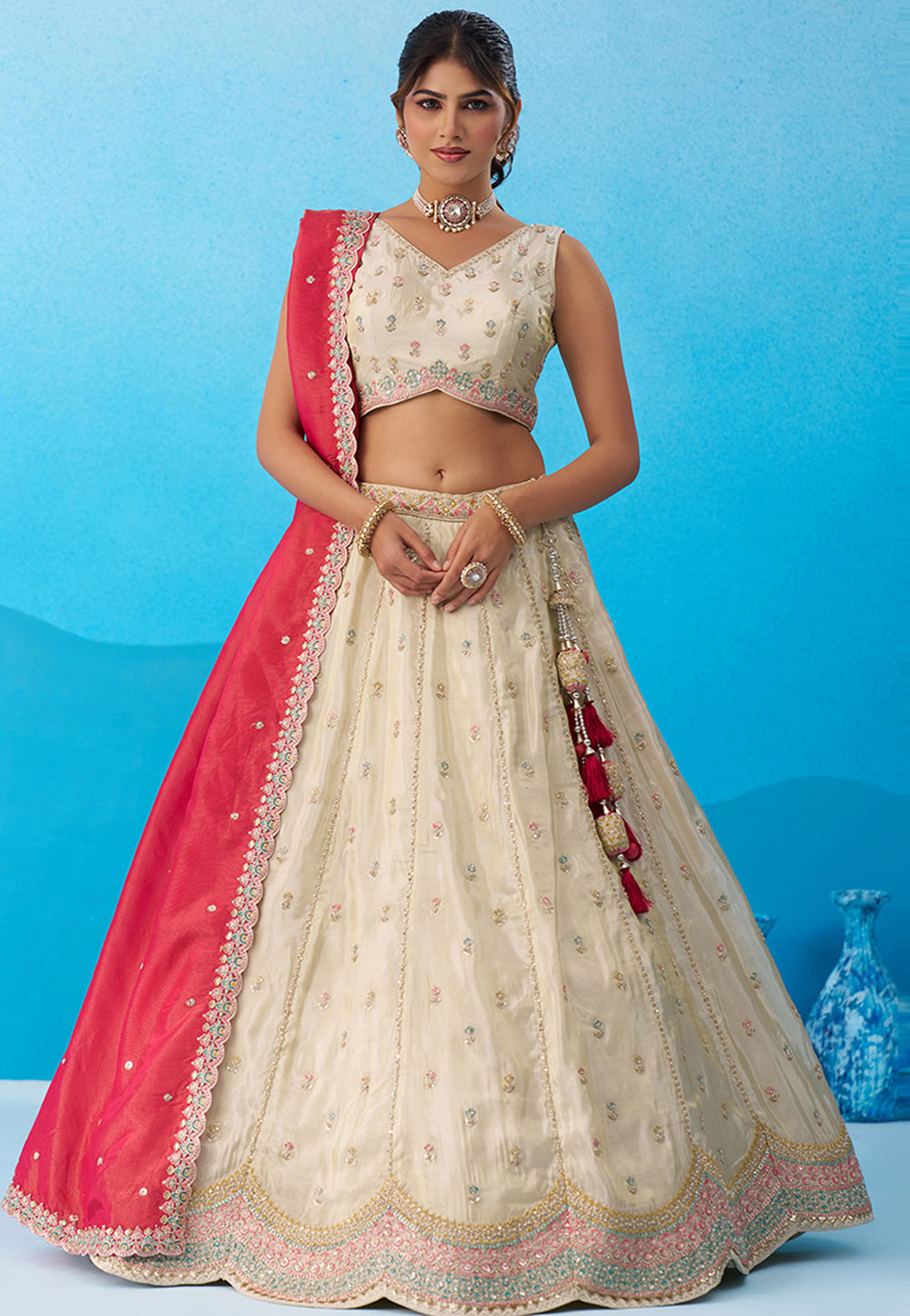 Cream Tissue Lehenga Choli 326142