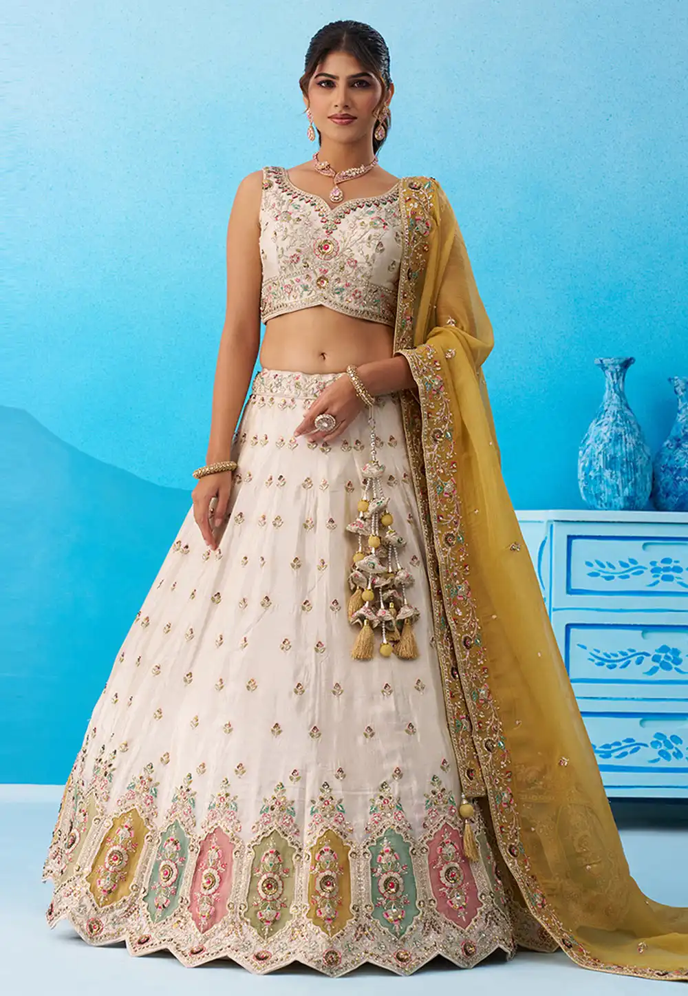 Cream Tissue Lehenga Choli 326144
