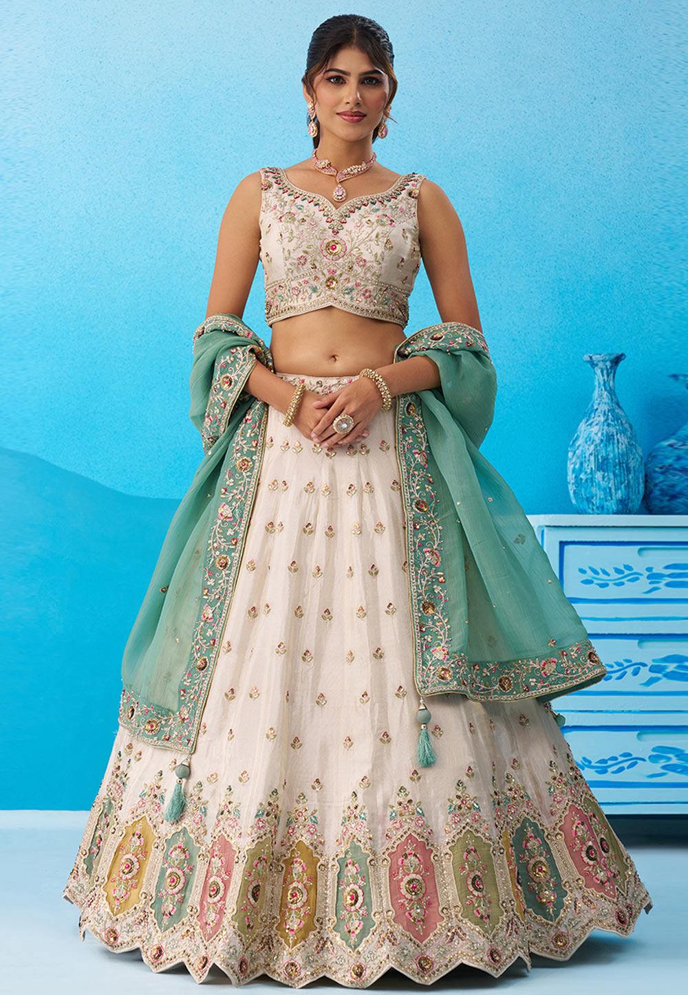 Cream Tissue Lehenga Choli 326146