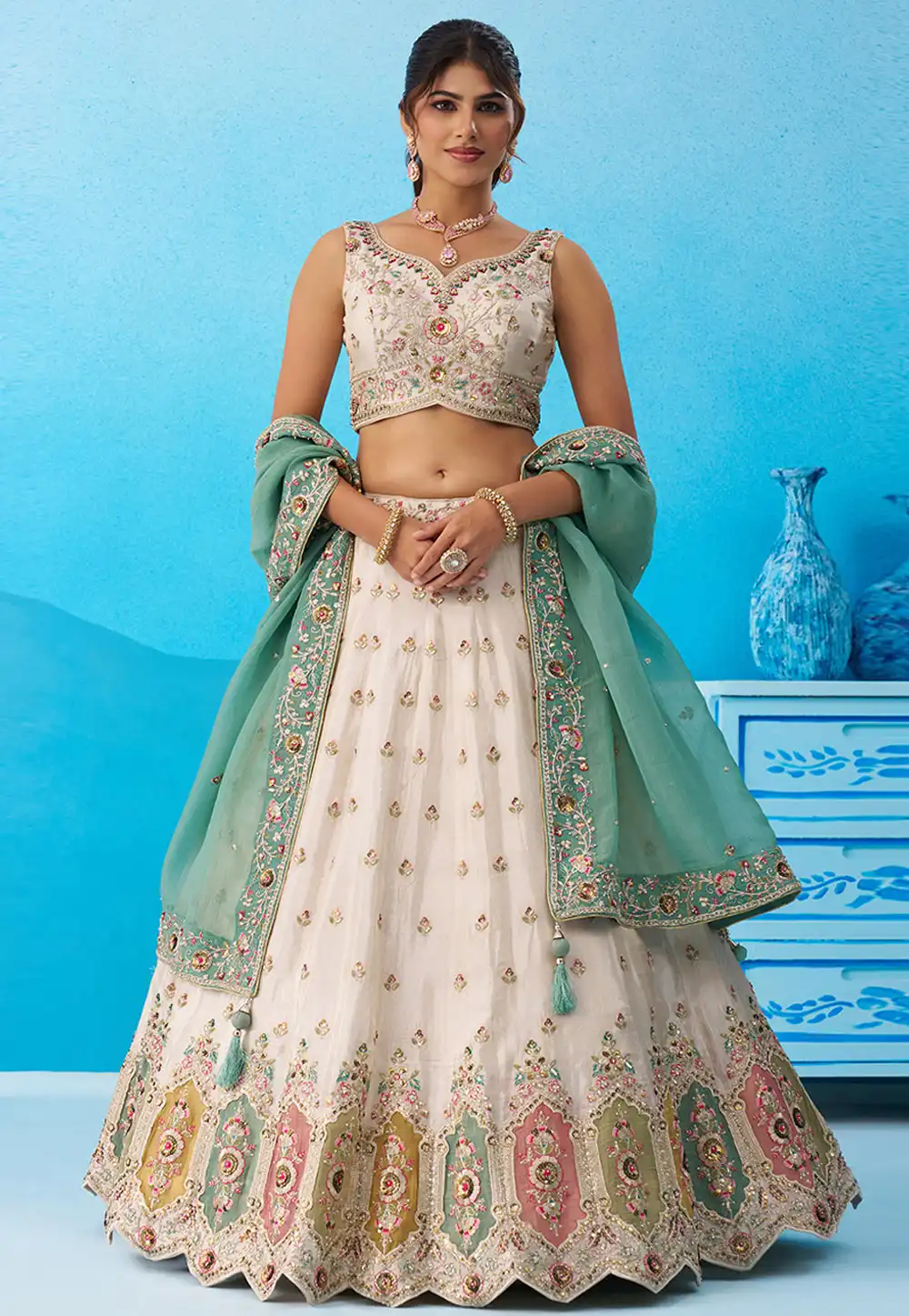Cream Tissue Lehenga Choli 326146