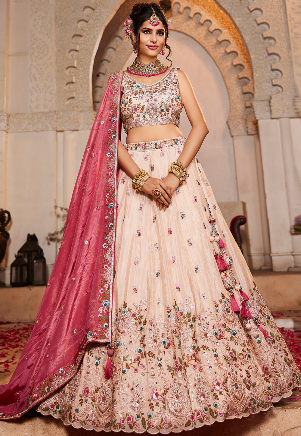 Cream Tissue Lehenga Choli For Wedding 312877