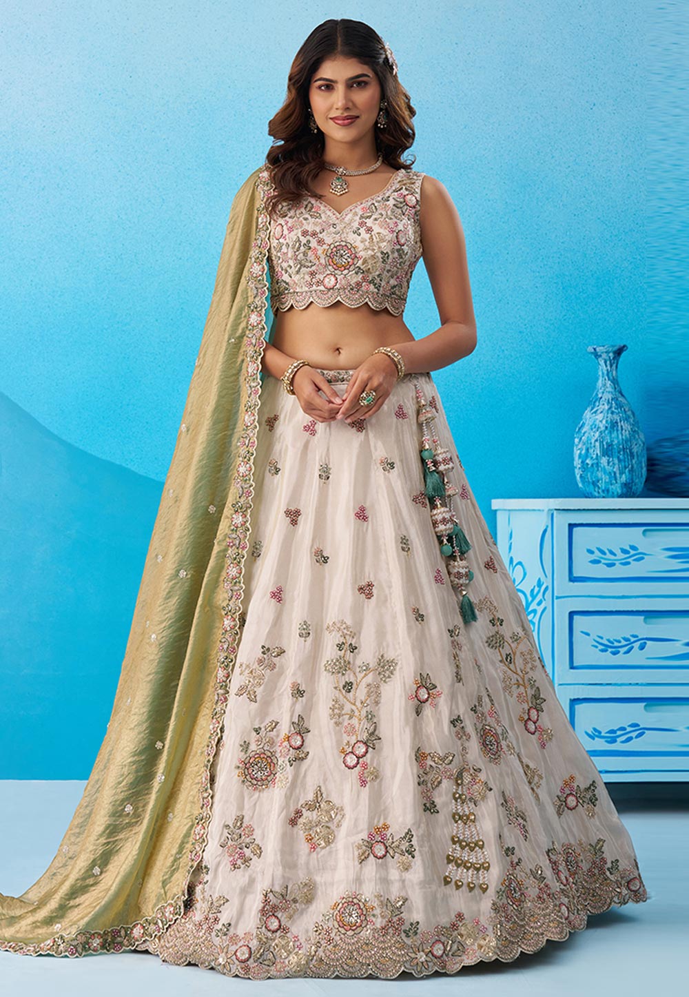 Cream Tissue Lehenga Choli For Wedding 326166