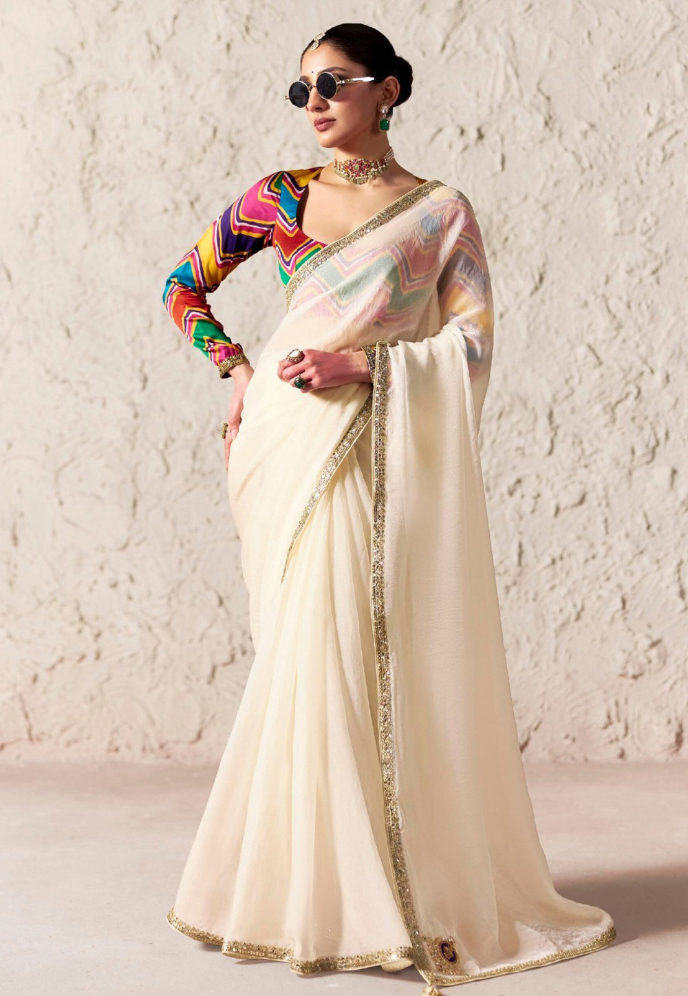 Cream Tissue Saree With Blouse 327888