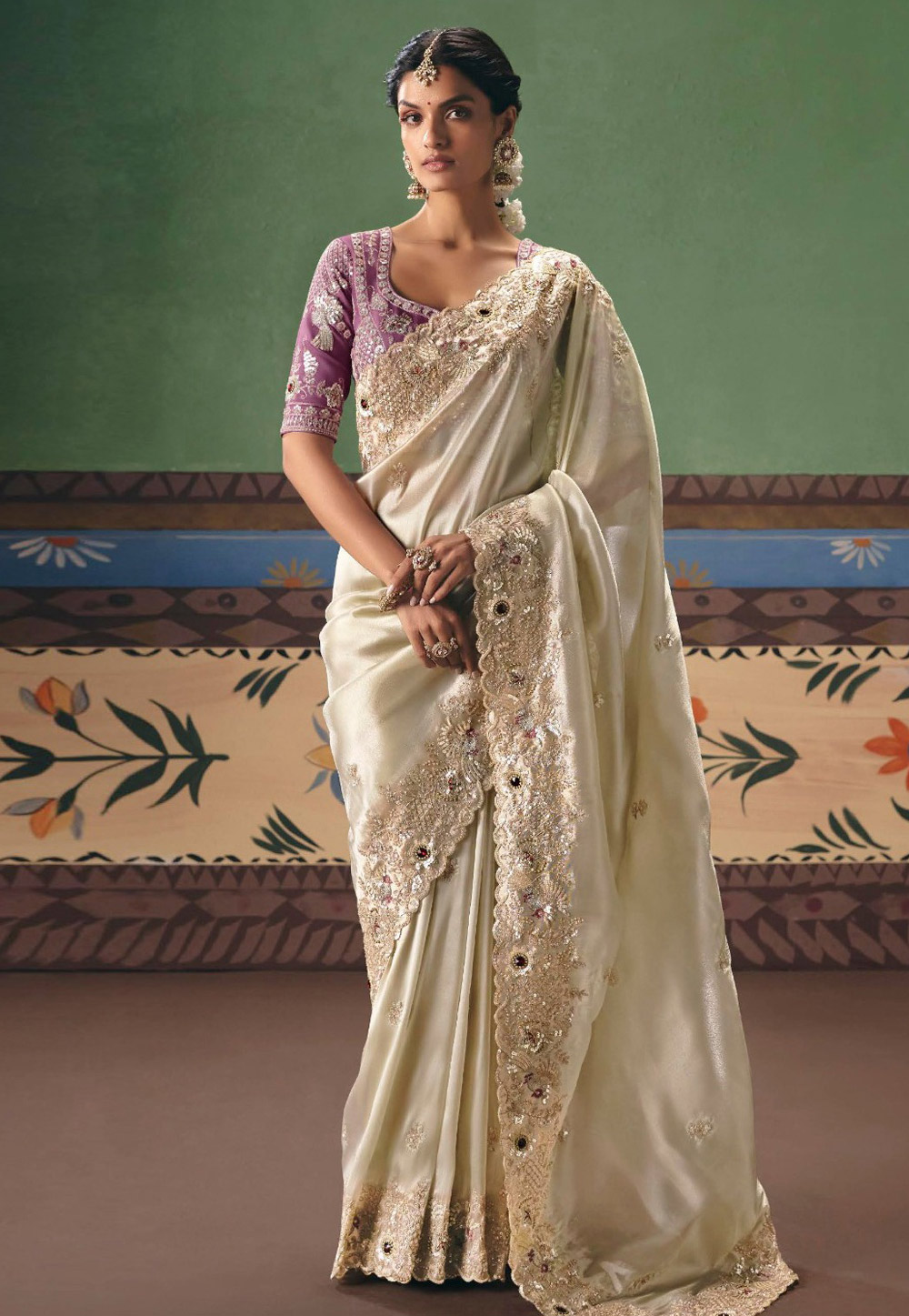 Cream Tissue Saree With Blouse 324642