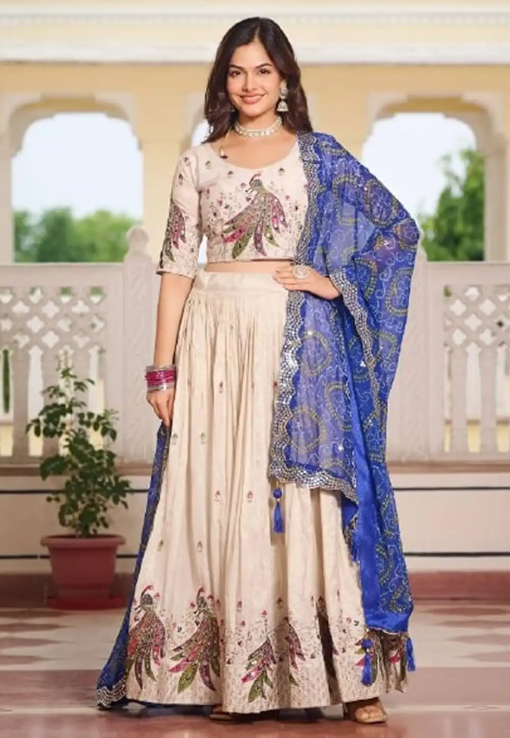 Cream Tissue Silk A Line Lehenga Choli 313725