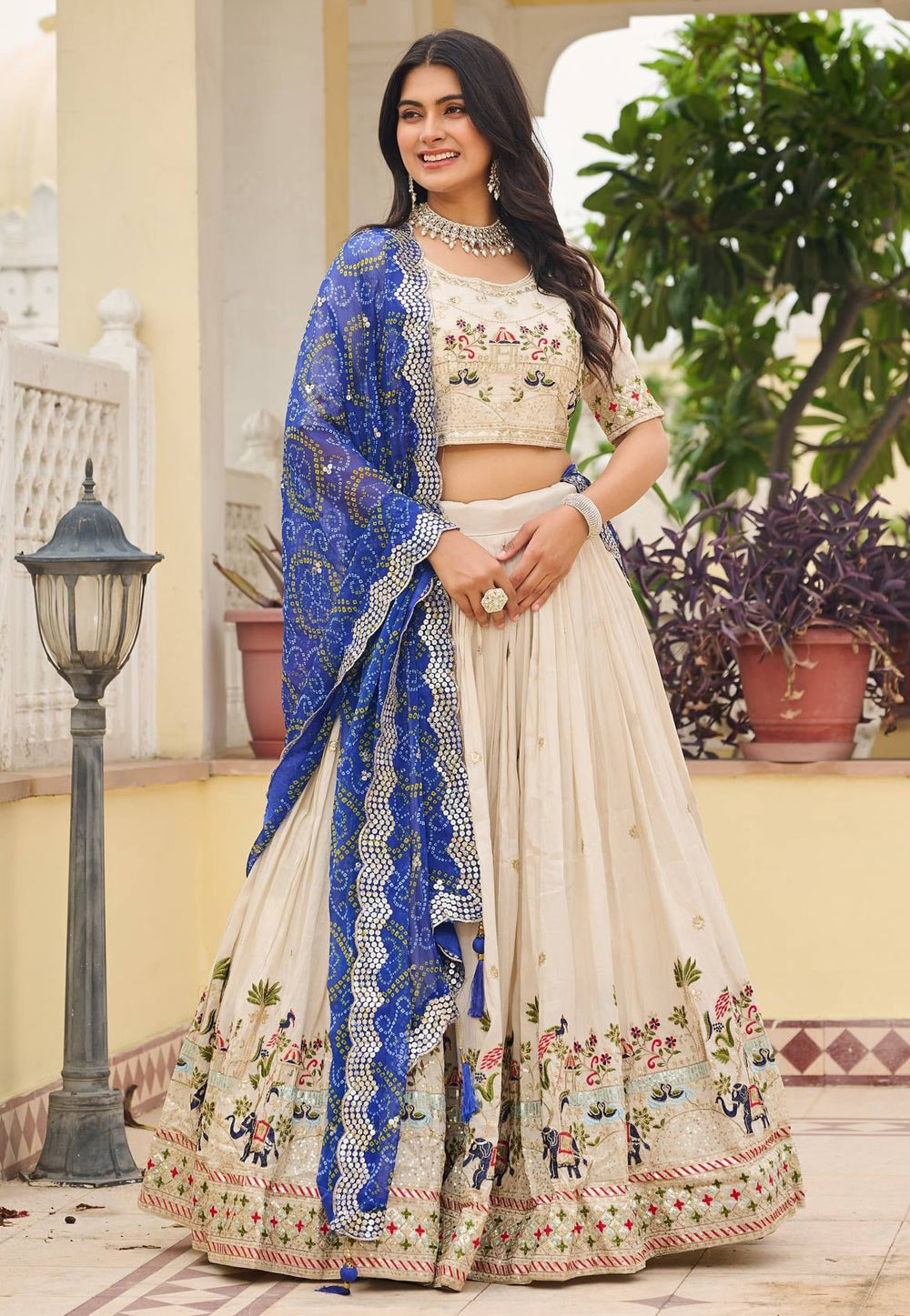 Cream Tissue Silk Circular Lehenga Choli 318369