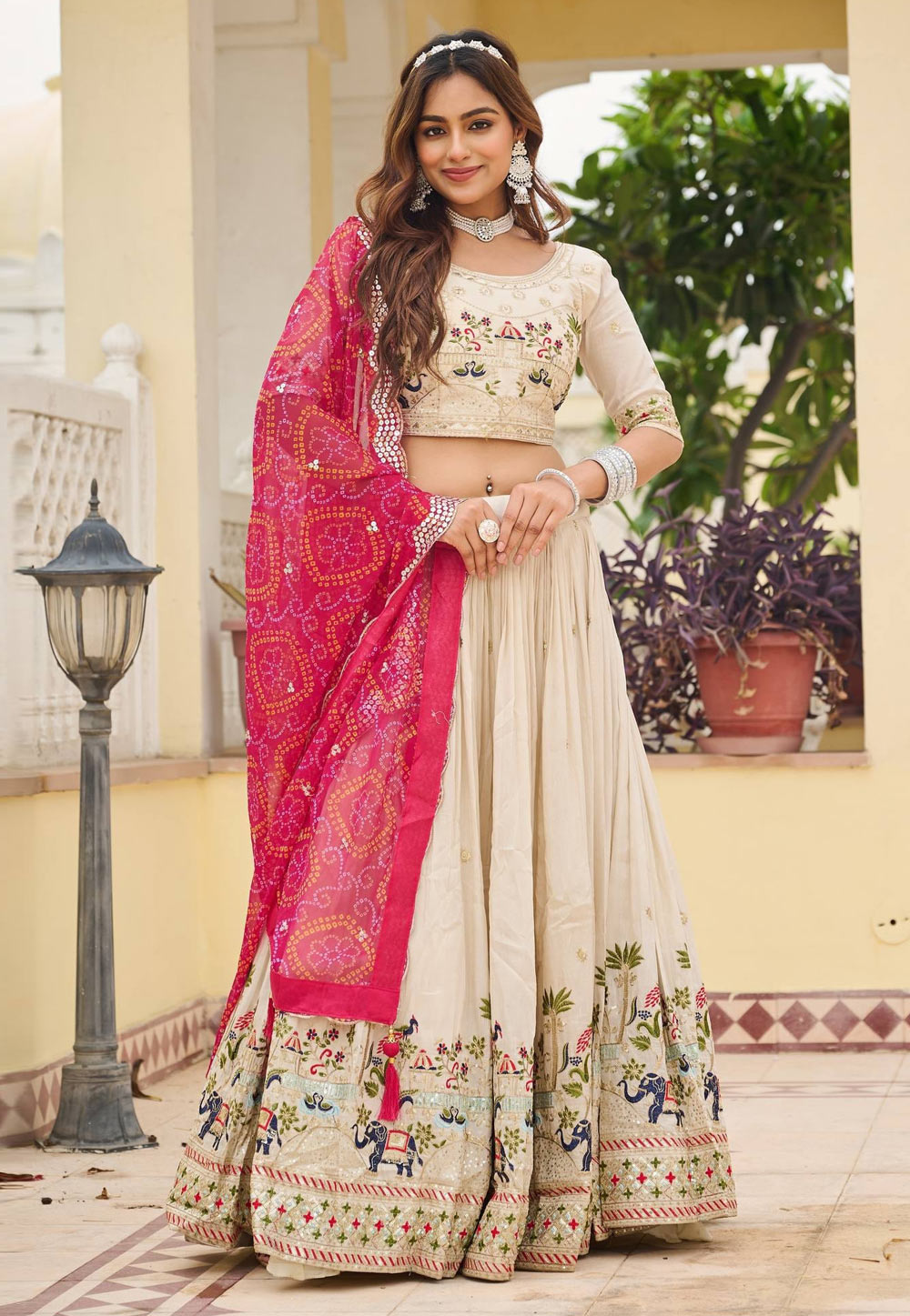 Cream Tissue Silk Circular Lehenga Choli 318371