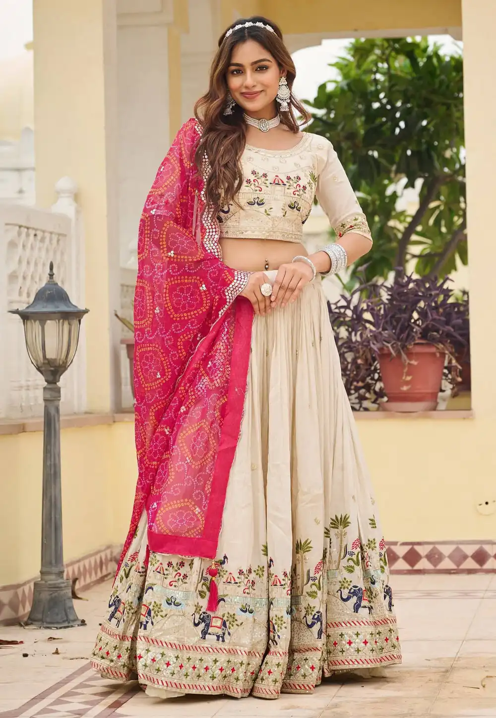 Cream Tissue Silk Circular Lehenga Choli 318371