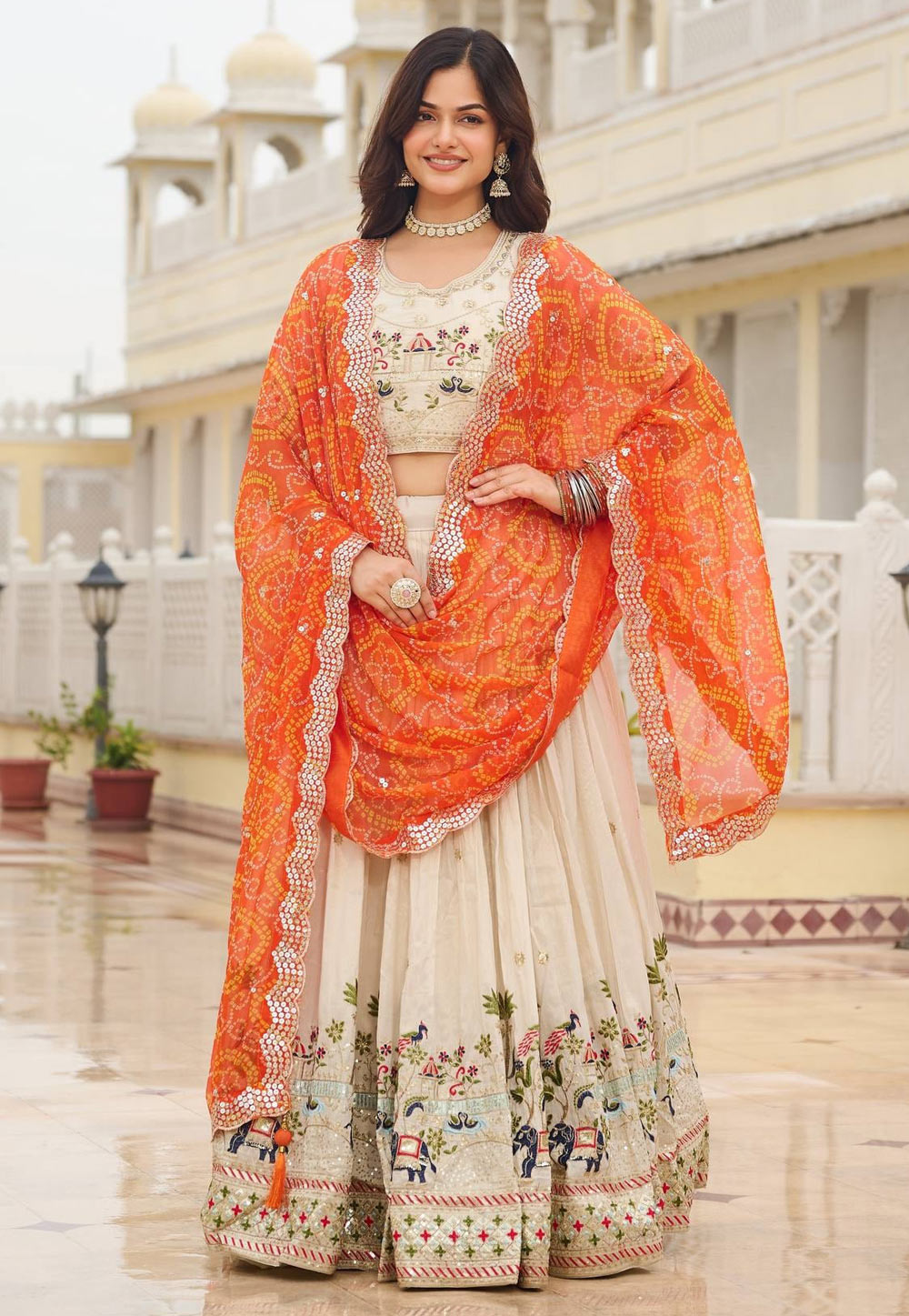 Cream Tissue Silk Lehenga Choli 318370