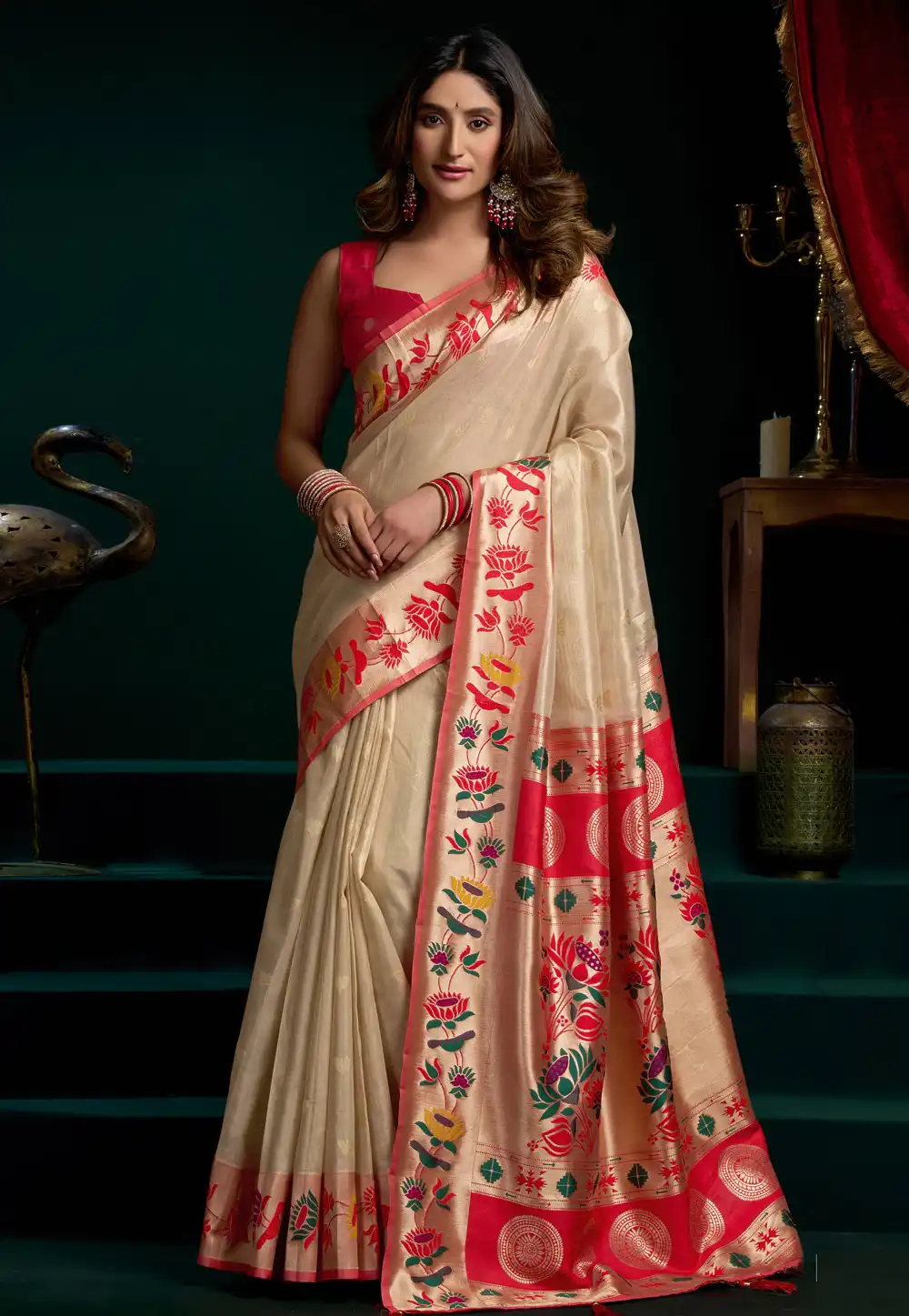 Cream Tissue Silk Saree With Blouse 325402