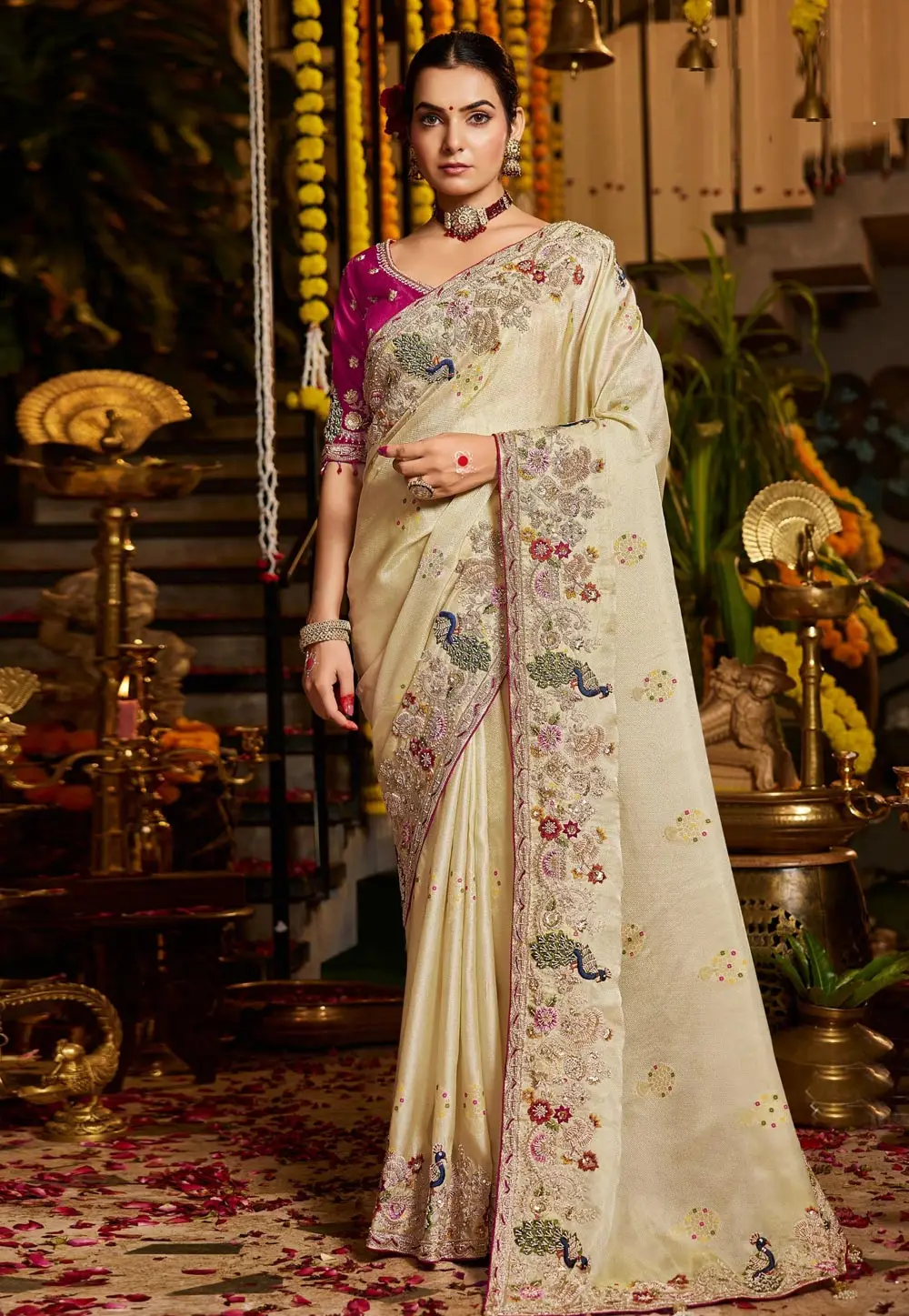 Cream Tissue Silk Saree With Blouse 336026