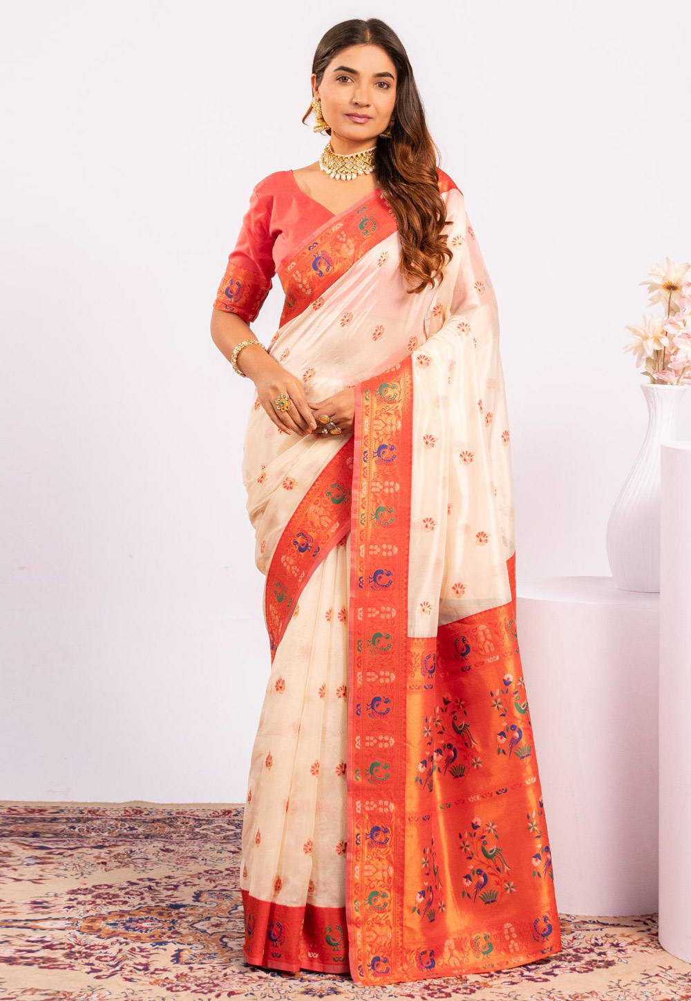 Cream Tissue Silk Saree With Blouse 327745