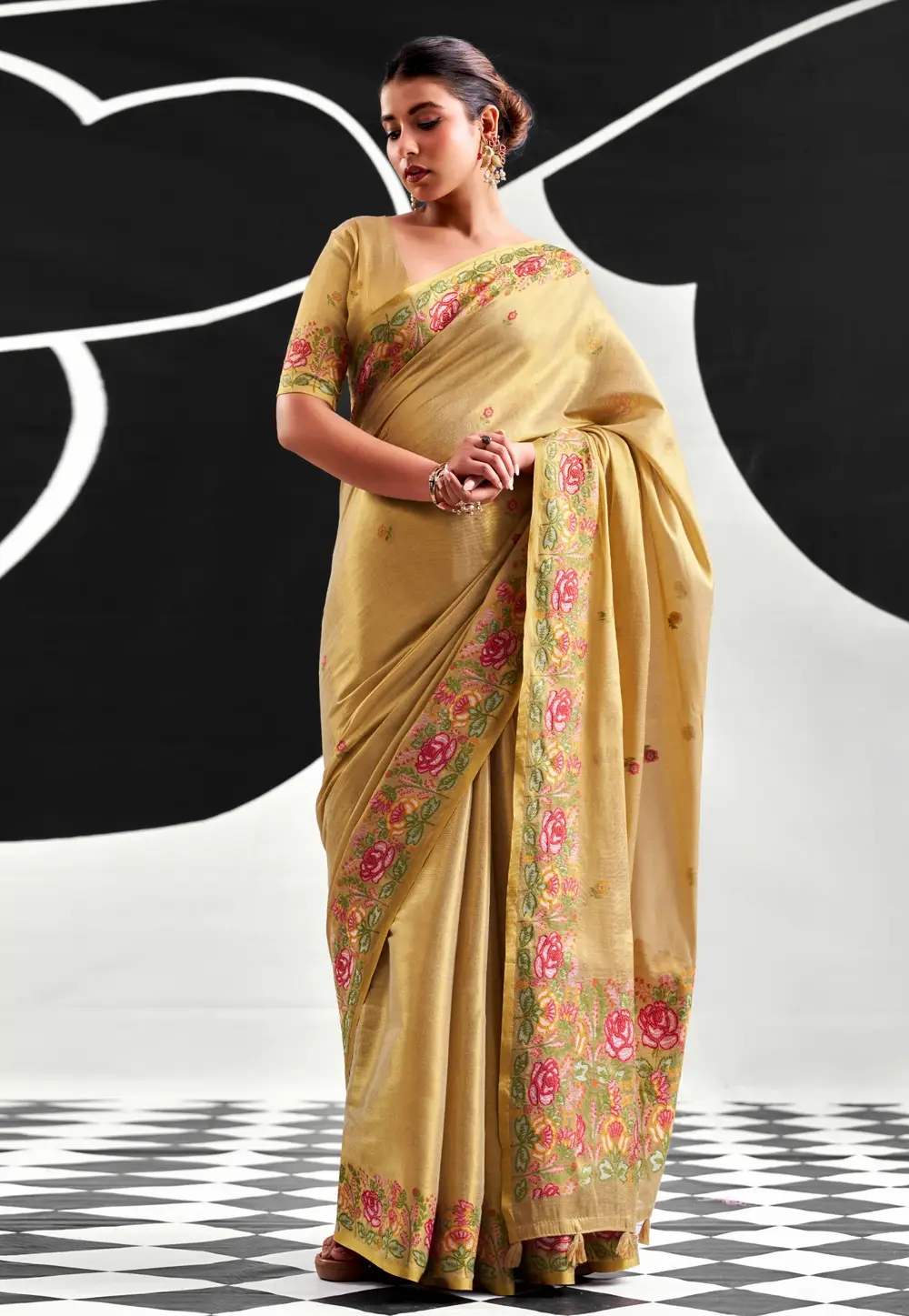 Cream Tissue Silk Saree With Blouse 332420