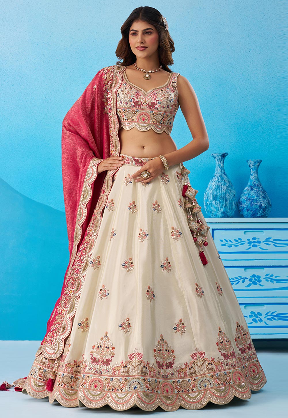 Cream Tissue Wedding Lehenga Choli 326161