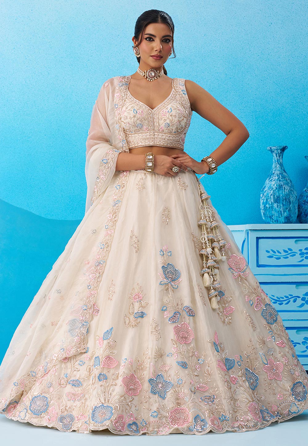 Cream Tissue Wedding Lehenga Choli 326167