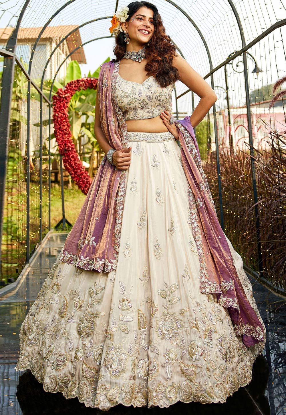 Cream Tissue Wedding Lehenga Choli 330155