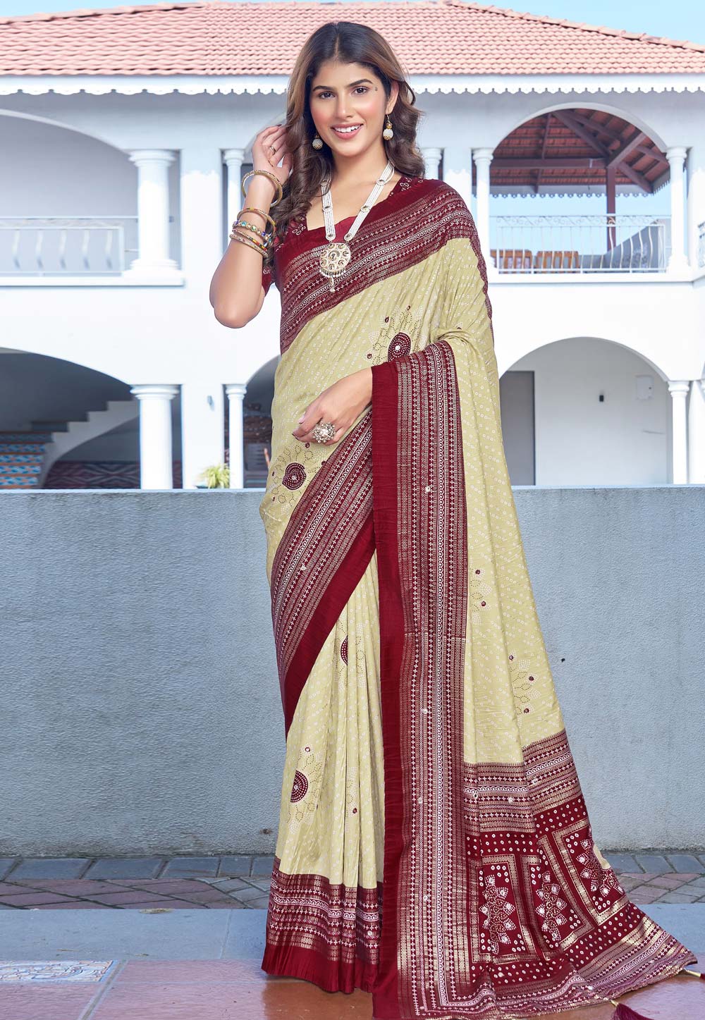 Cream Tussar Silk Bandhani Print Saree 323556