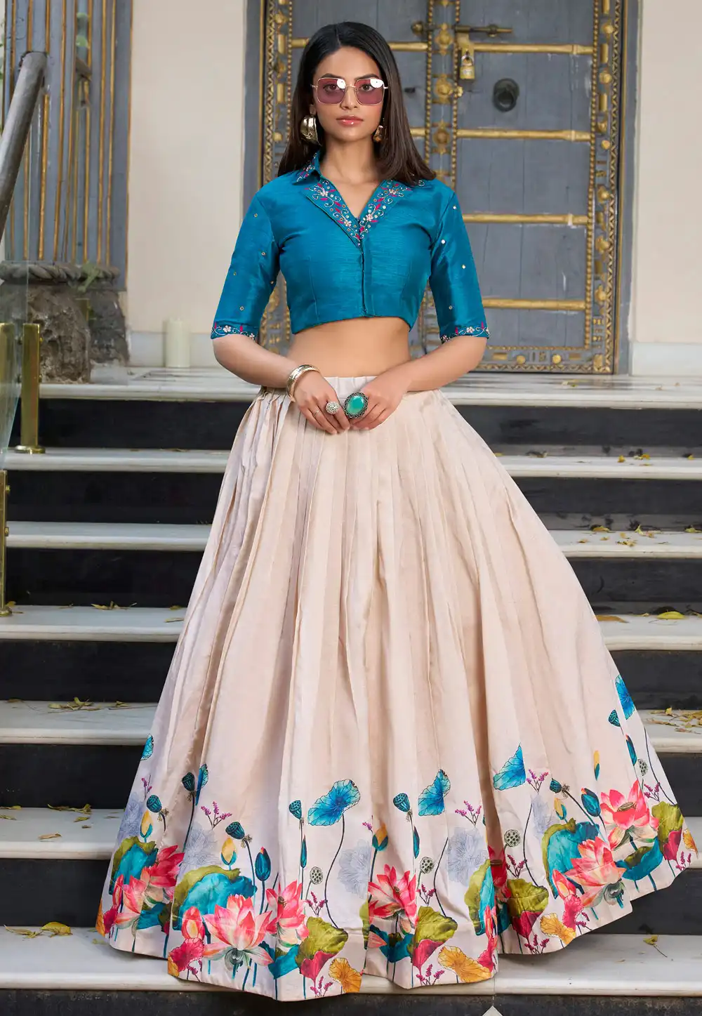 Cream Tussar Silk Floral Lehenga choli 318301