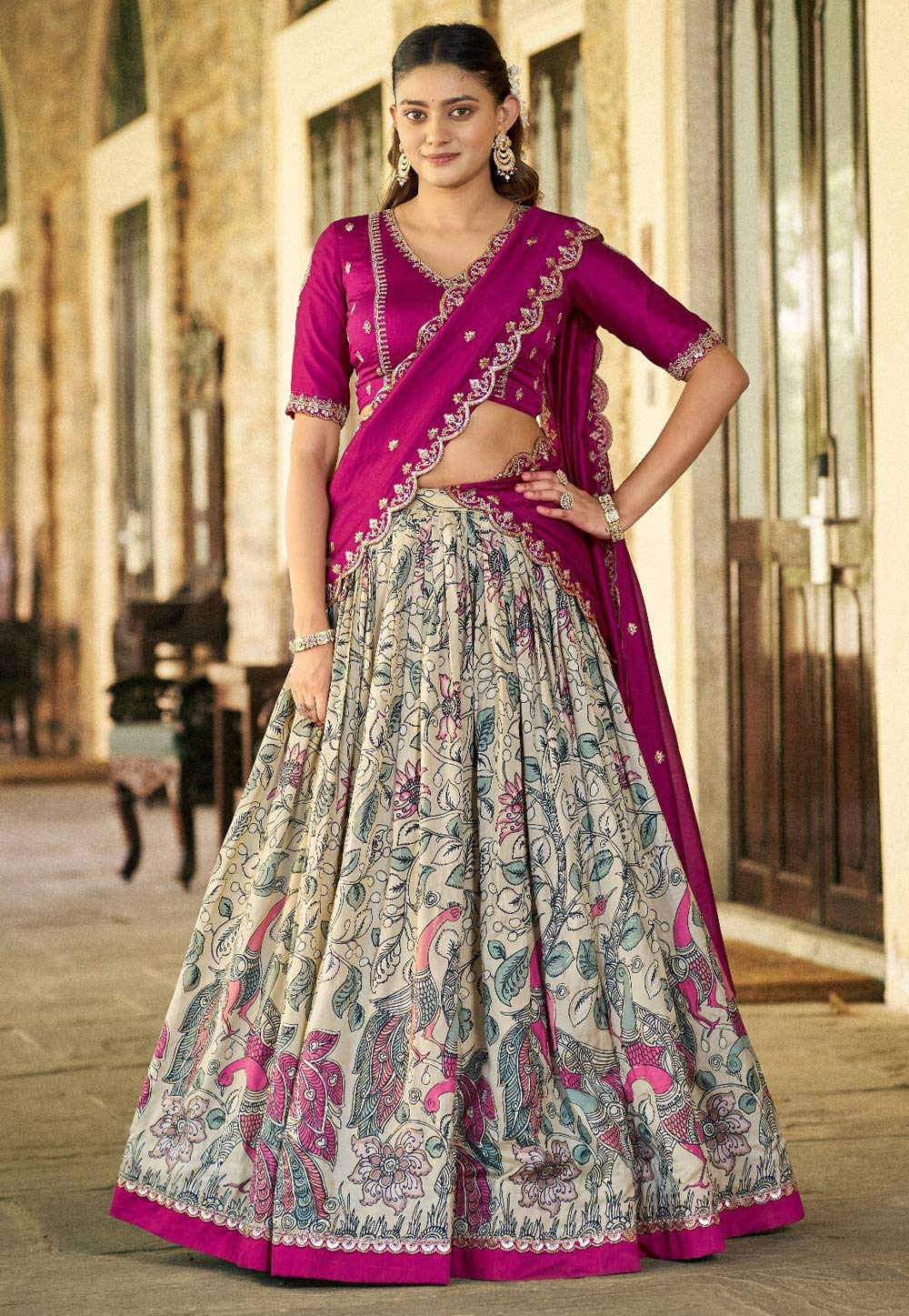 Cream Tussar Silk Floral Lehenga choli 330111