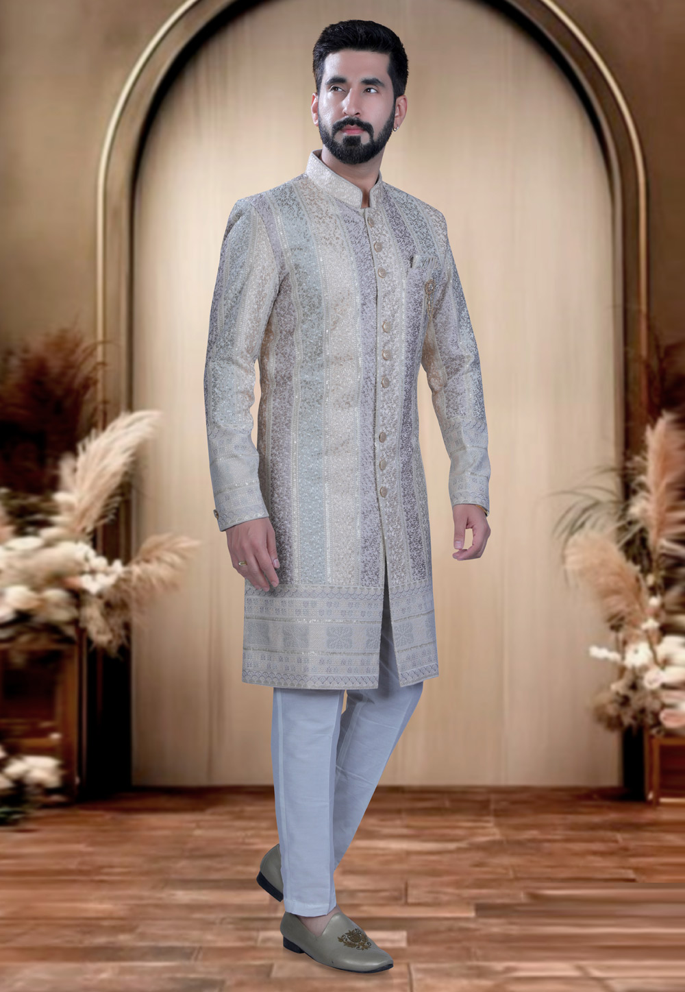 Cream Velvet Achkan Style Sherwani 319665