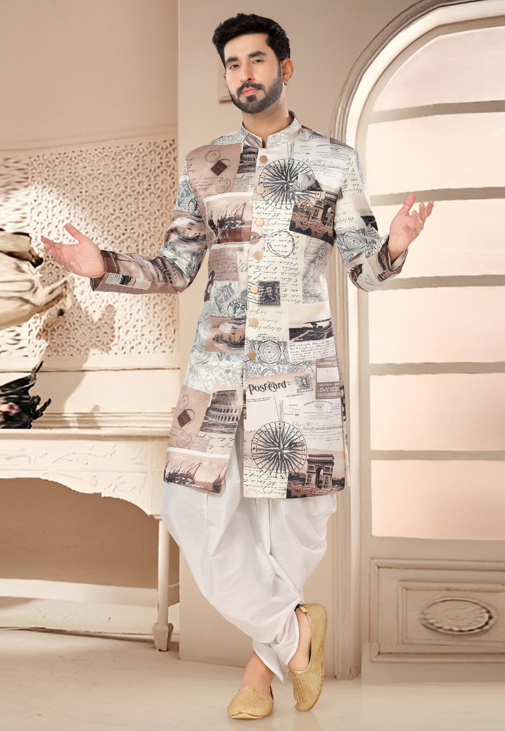 Cream Velvet Dhoti Sherwani 285764