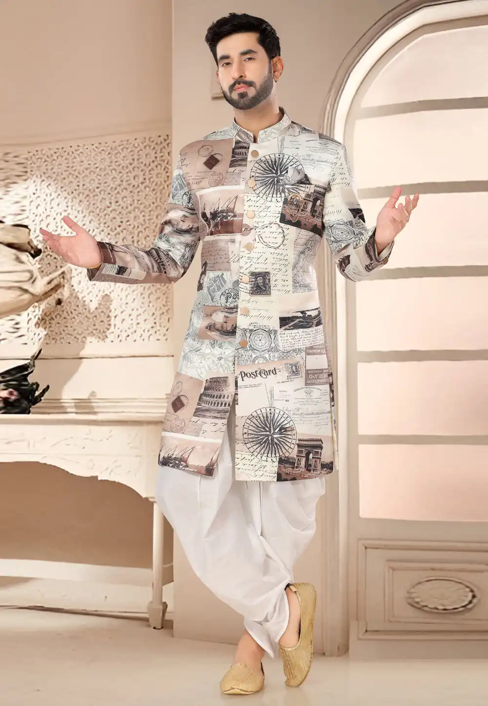 Cream Velvet Dhoti Sherwani 285764