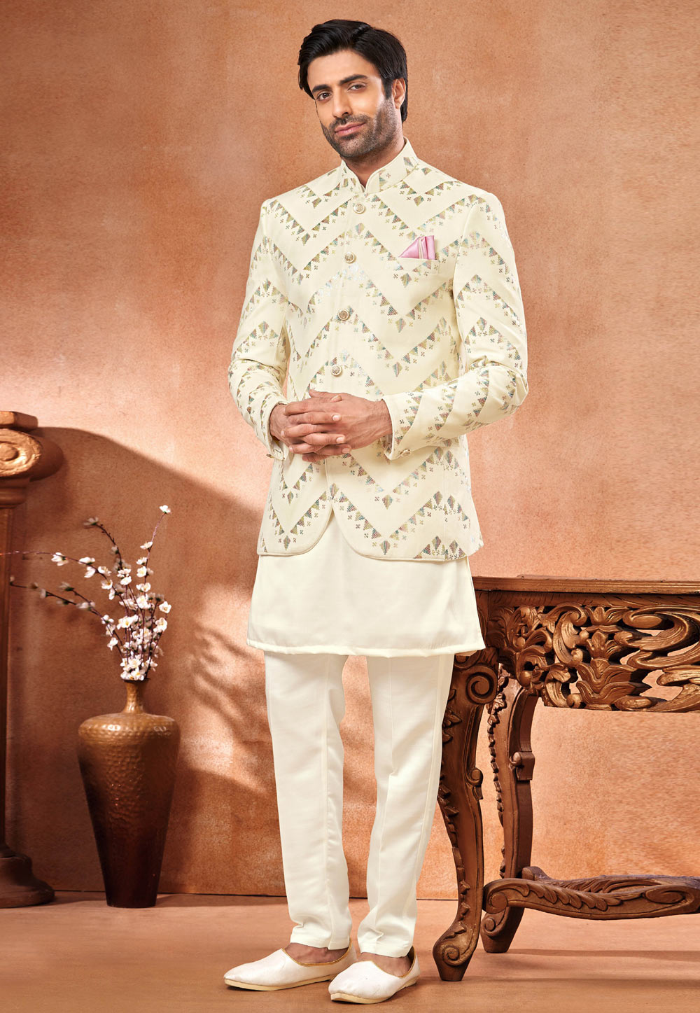 Cream Velvet Indo Western Suit 280256