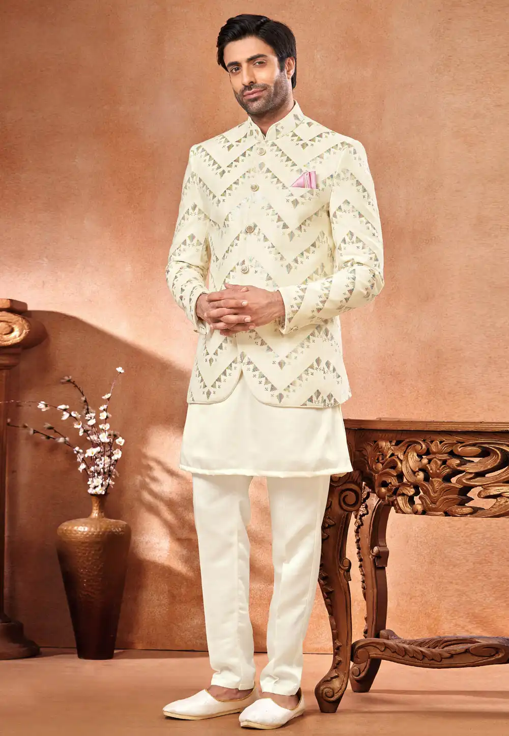 Cream Velvet Indo Western Suit 280256