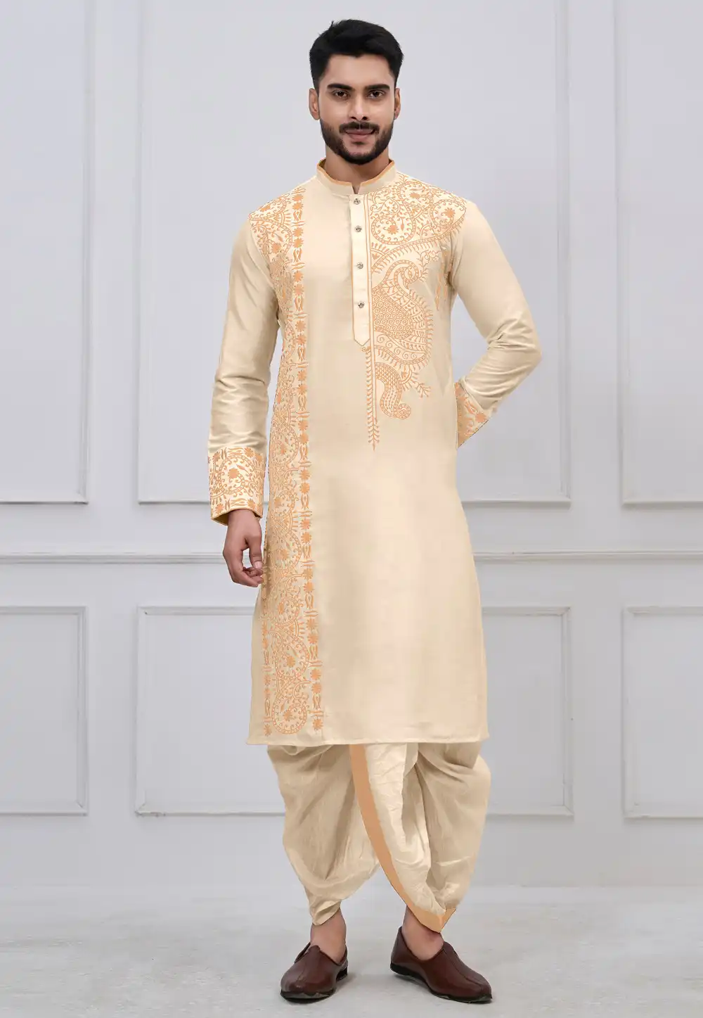 Cream Viscose Bengali Dhoti Kurta 322854